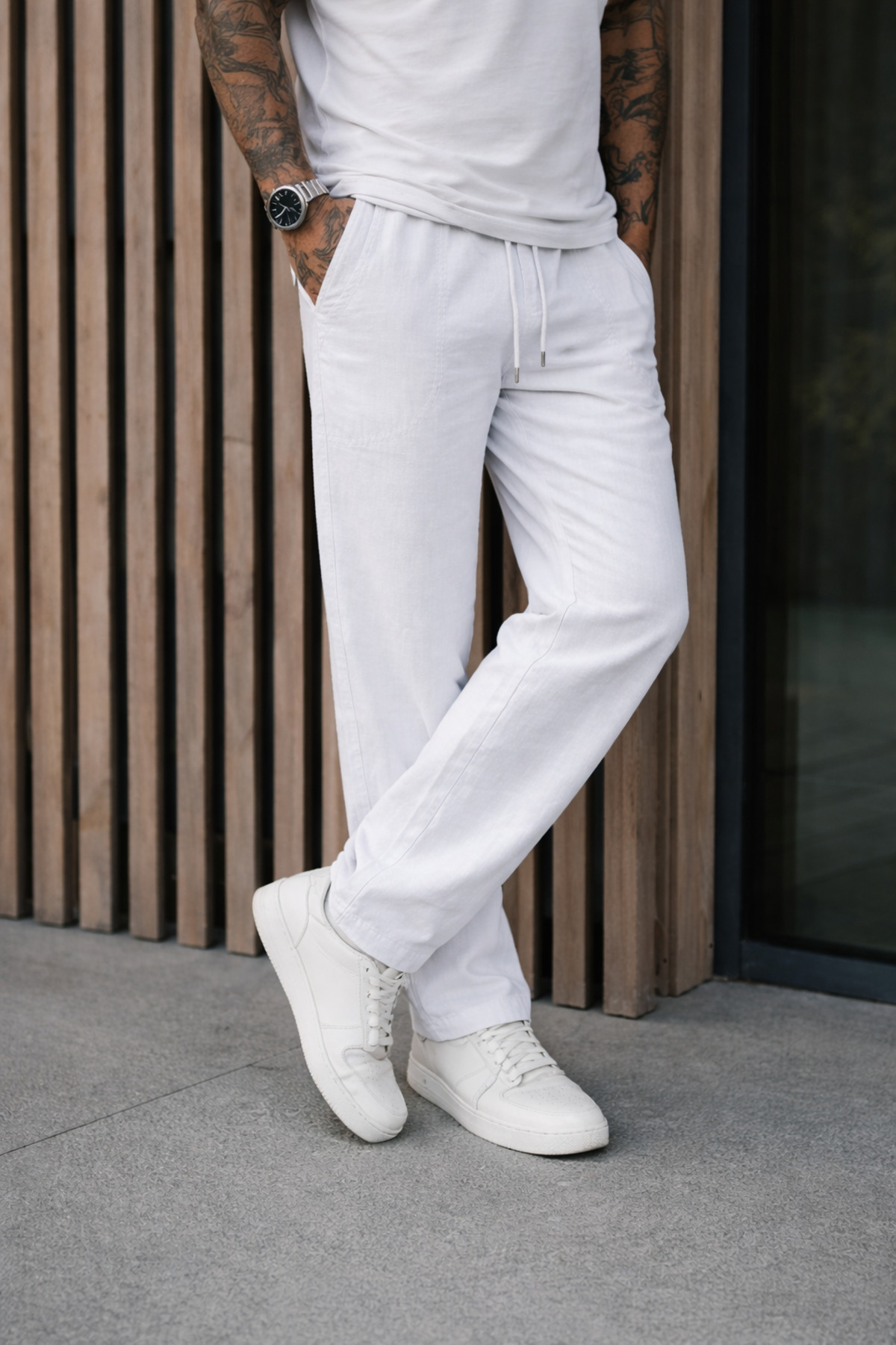 DAMGA JEANS Erkek Premium Jogger Relax Fit Beyaz Keten Pantolon görsel 2