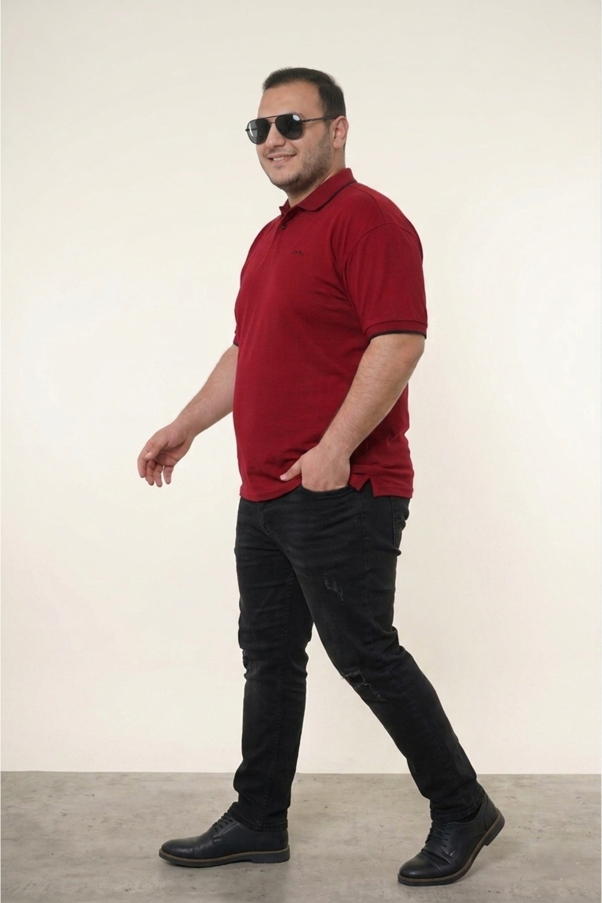 LOADER Büyük Beden Pamuklu Yumuşak Doku Nefes Alan Kumaş Kıvrılmaz Yaka Bordo Polo Yaka Tişört görsel 4