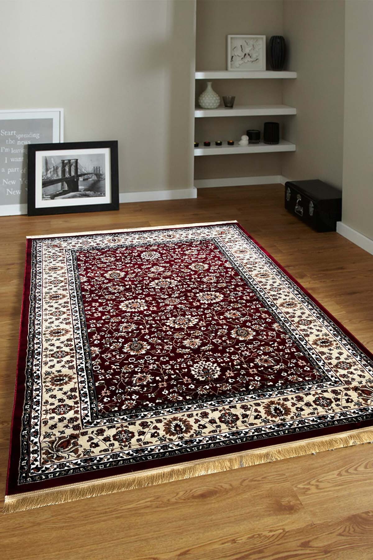 4 Square Meters - 6 Square Meters Modern Living Room Rug Soft Texture Antiallergic Silk Red