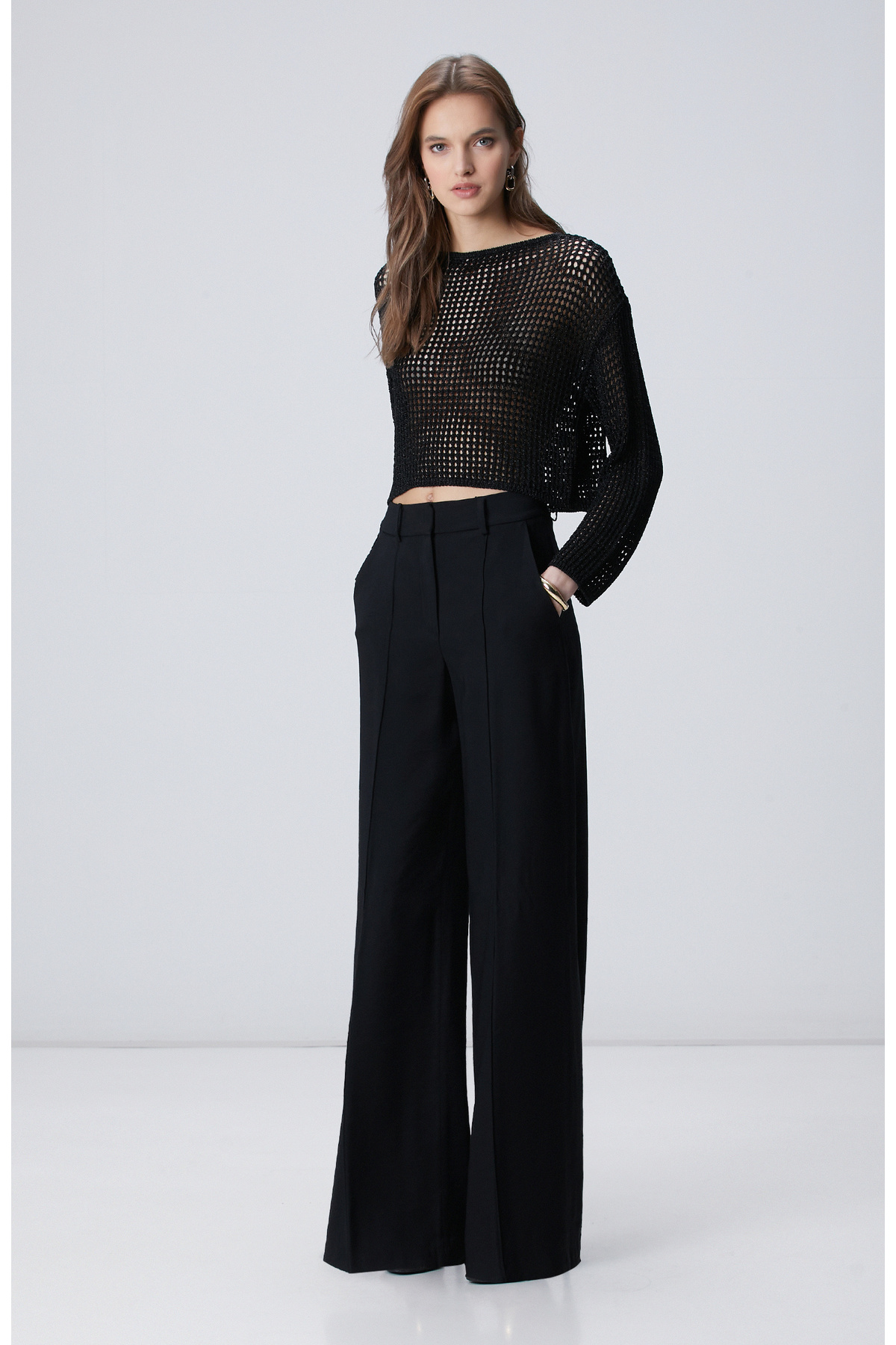 Black Rib Detailed Wide Leg Pants