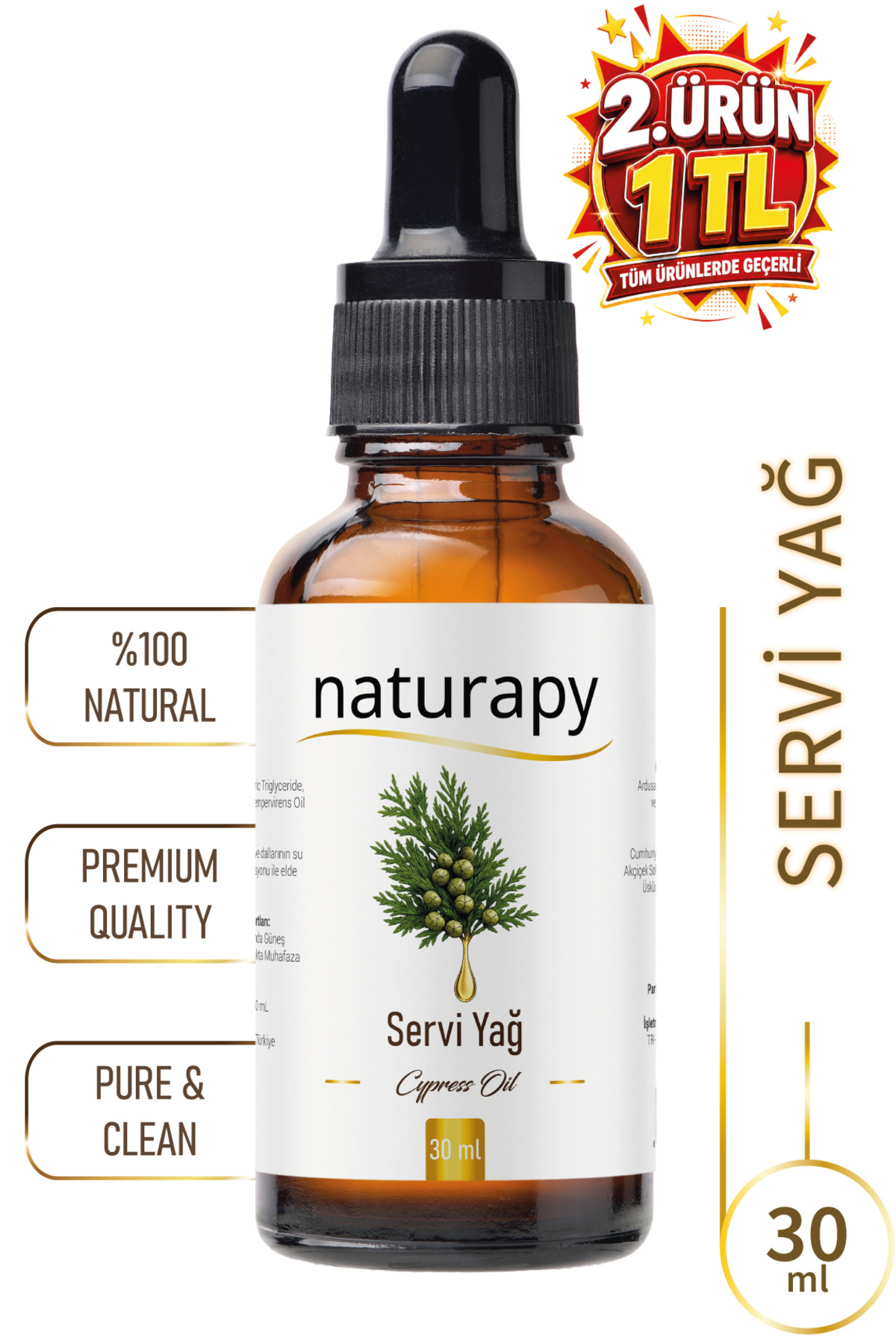 NATURAPY Servi Yağı (Cypress Oil) Uçucu Yağ 30 ml Damlalıklı Cam Şişe — SRV30ML