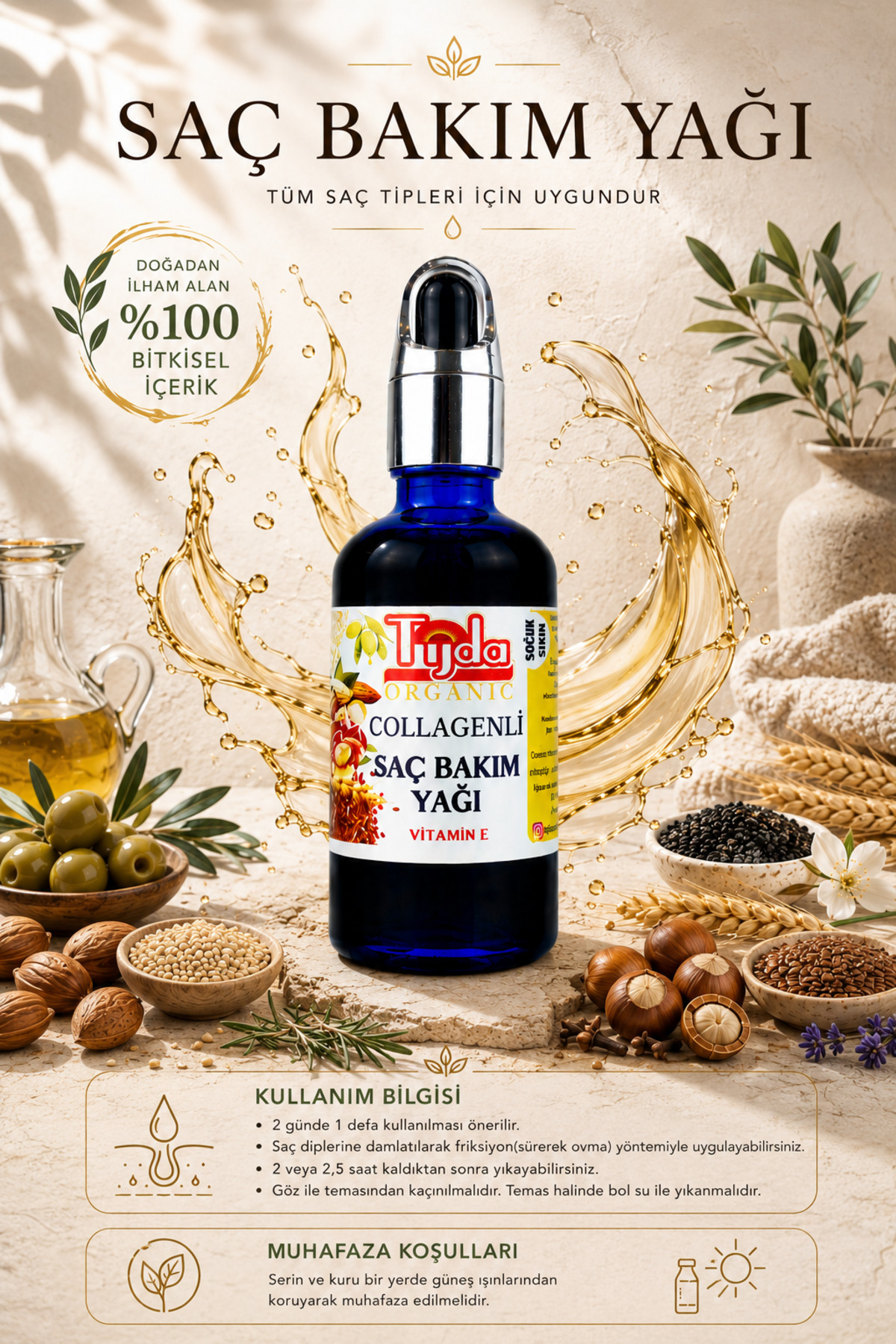 Tüm Saçlar Için Saç Bakım Yağı 50 ml Hair Care Oil Kolajenli,E vitaminli,12 Yağ Karışımı — TJD-SAÇBAKIMYAĞ50ML — تصویر 2 از 4