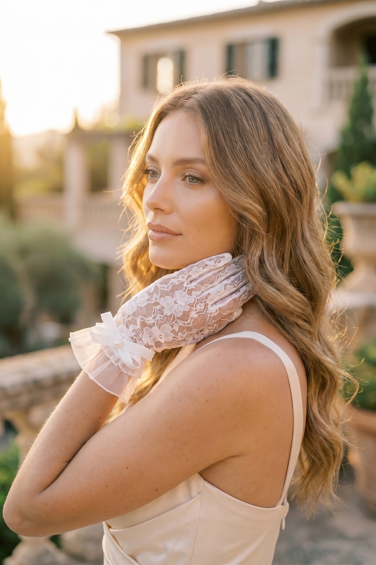 Elegance Scarf Çiçekli Dantel İnci Fiyonklu Gelin Eldiveni Kırık Beyaz Nikah Gelinlik Düğün Abiye Davet Söz Kına görsel 3