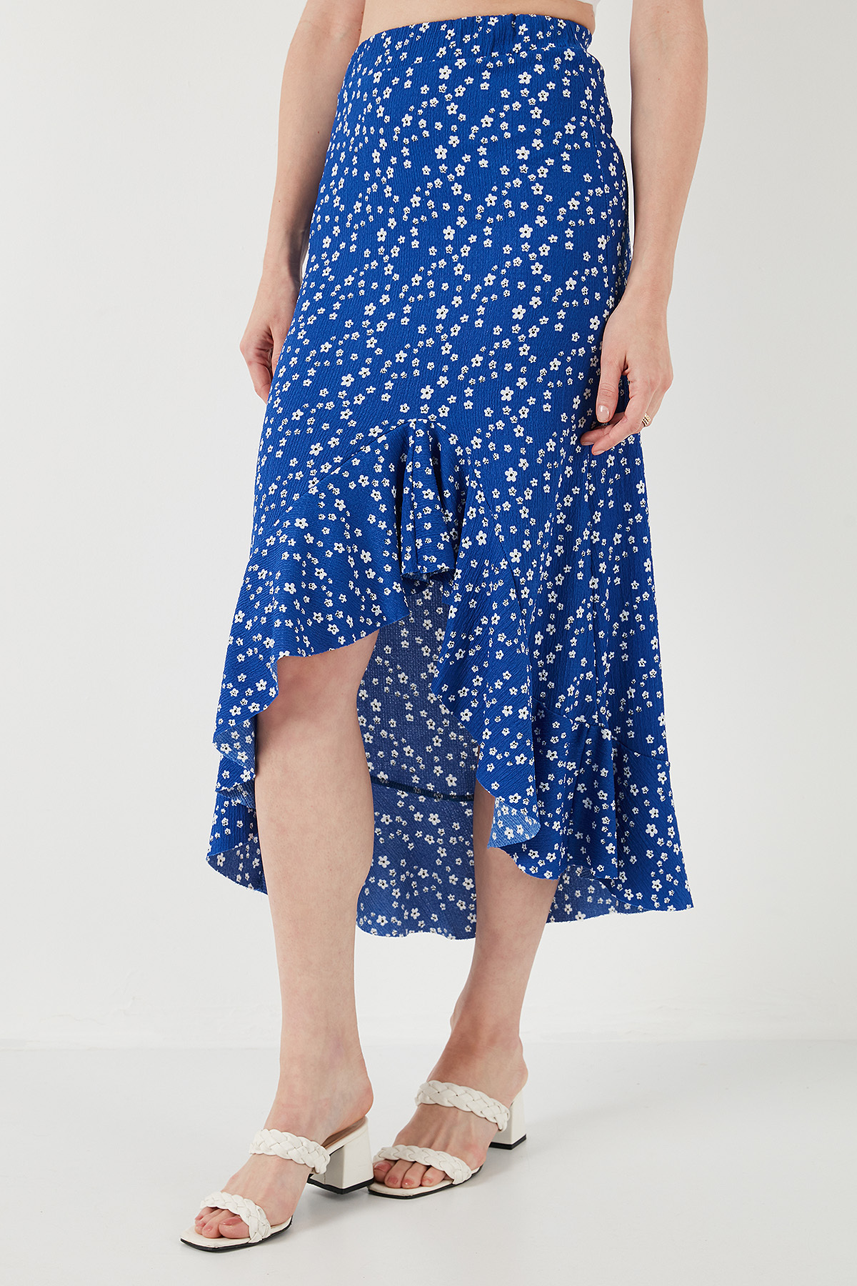 Lela  Çiçek Desenli Regular Fit Volanlı Yüksek Bel Midi Boy Yırtmaçlı Etek ETEK 5869012 - Görsel 4