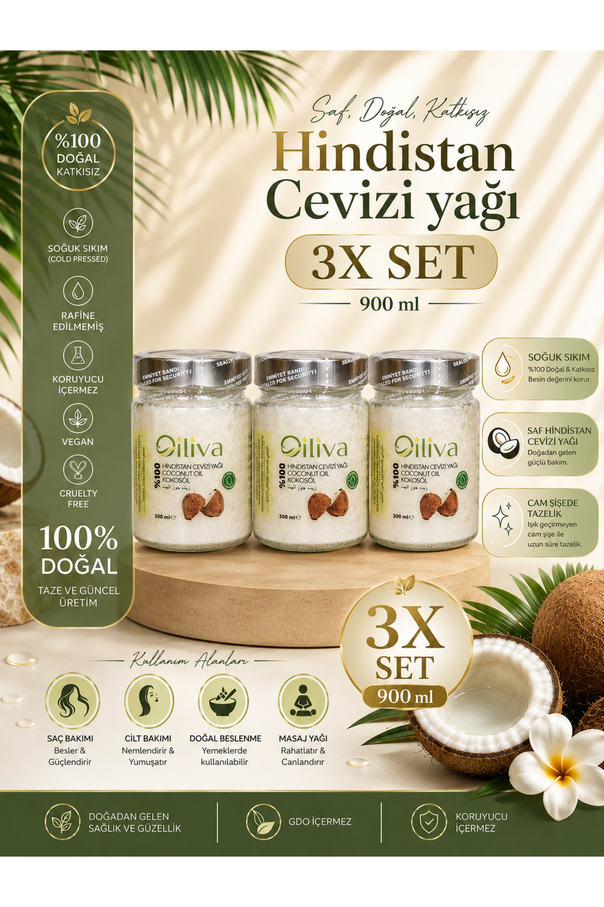 %100 Doğal Hindistan Cevizi Yağı 3x300 ml – Soğuk Sıkım, Cam Şişe – Katkısız ve Saf — TYCDFPAMSN172743057064854