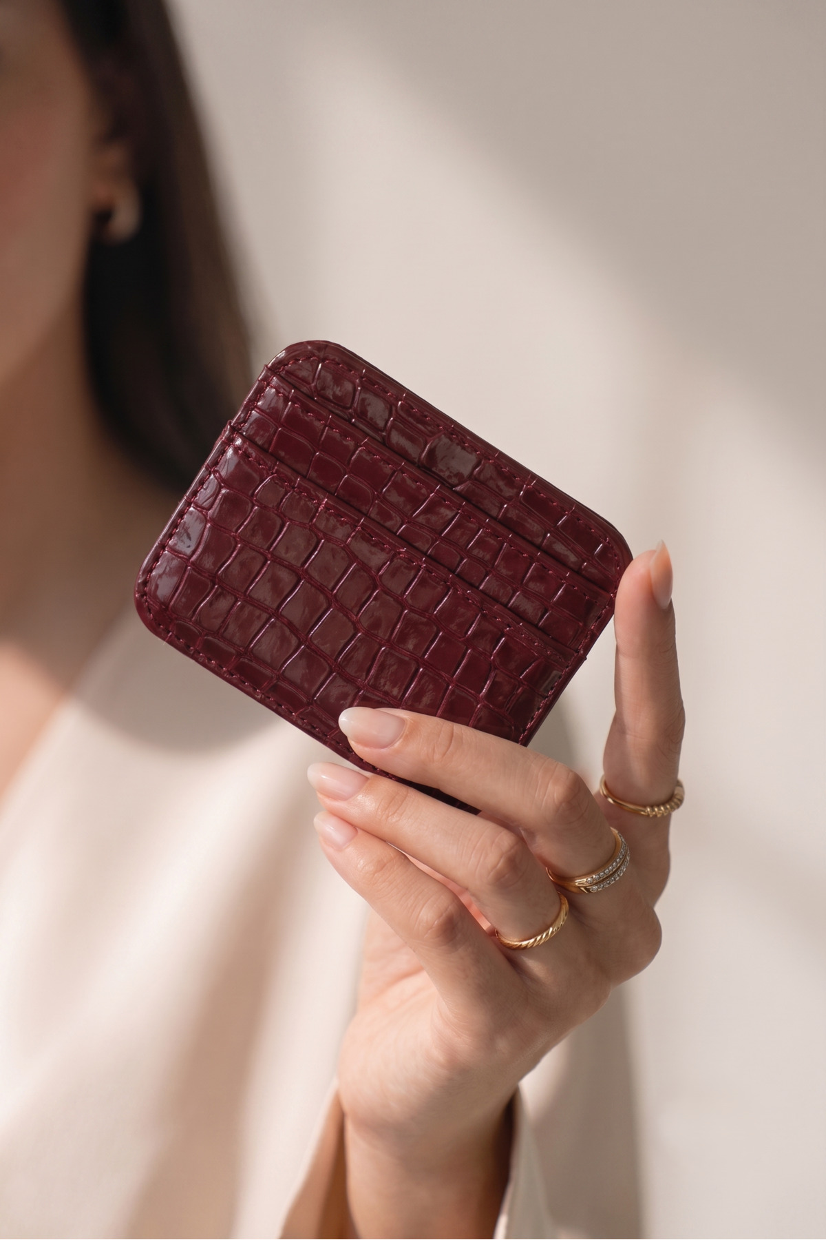 PurpleART Women's Burgundy Mini 5-Compartment Crocodile Patterned Shiny Card Holder - Stylish and Sophisticated Women's Wallet (10X8 cm)