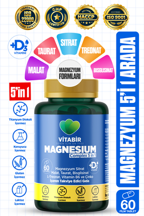 vitabir 5X Çoklu Magnezyum Complex | 5i1 Arada Bisglisinat, Taurat, Malat, Si...