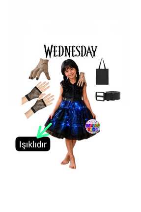 3b kids ışıklı wednesday kostüm elbise + çanta +el +eldiven +kemer parti doğu...