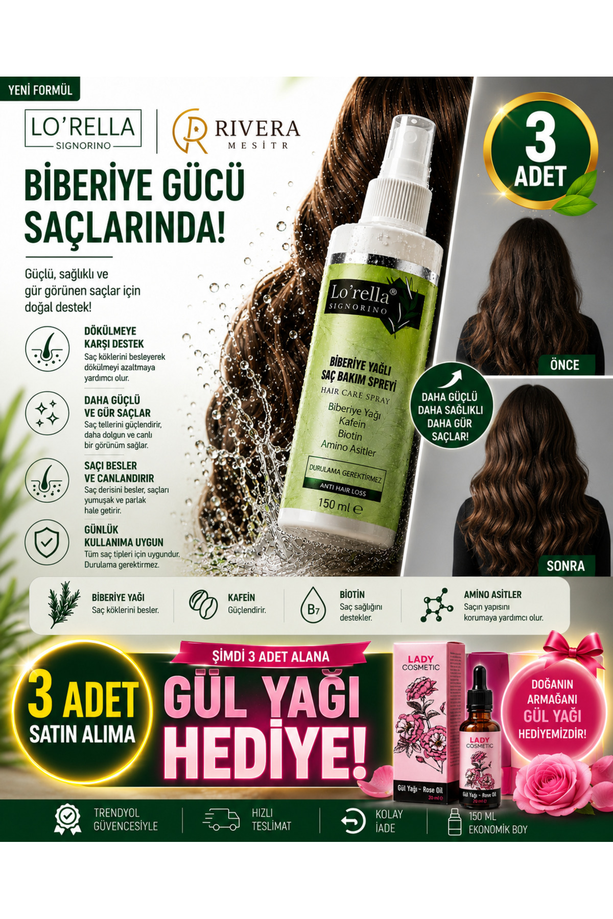 Biberiye Yagı saç bakım spray 150ml 3 ADET — 60