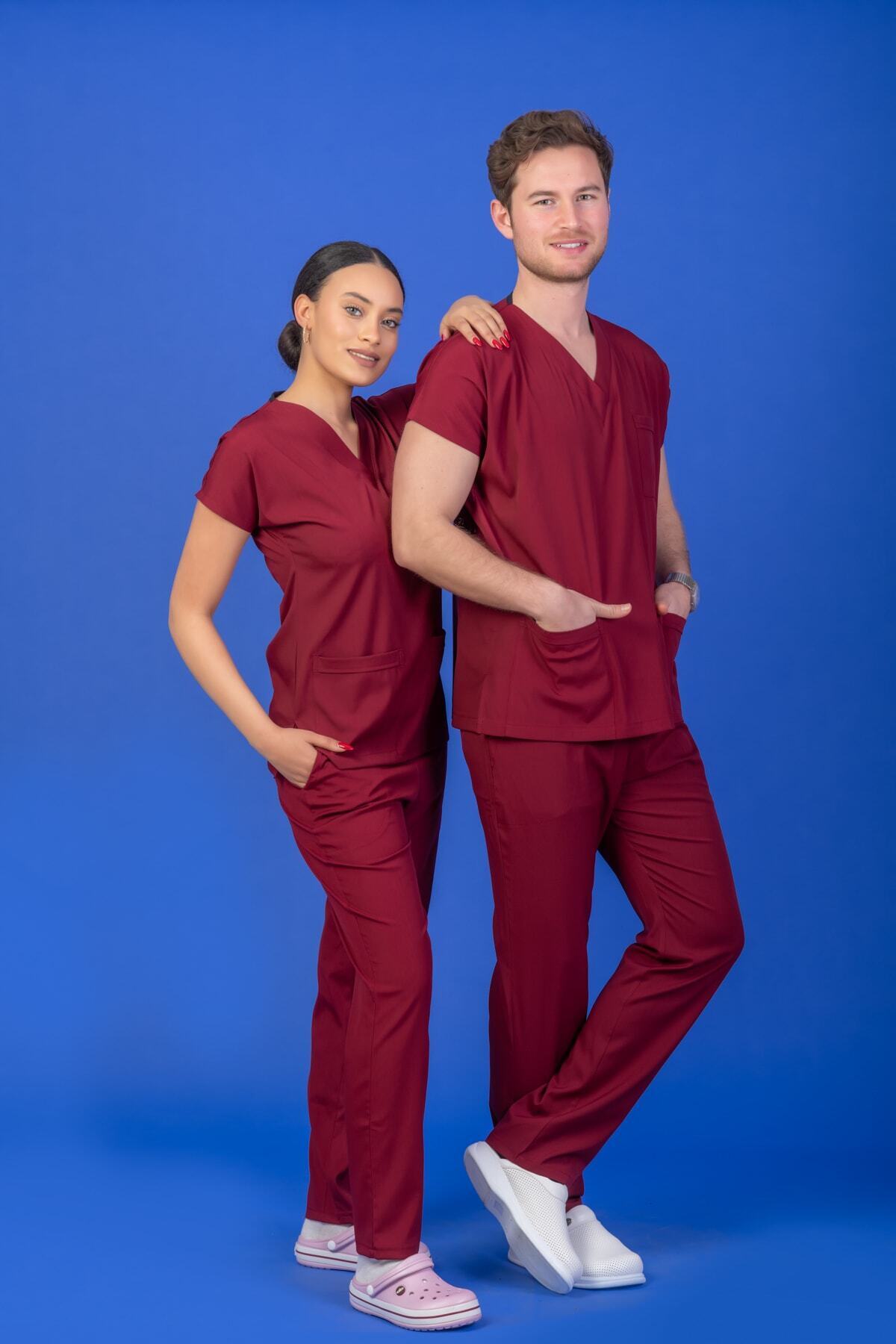 Genel Markalar Unisex Kalıp Bordo Likralı Scrubs Takım