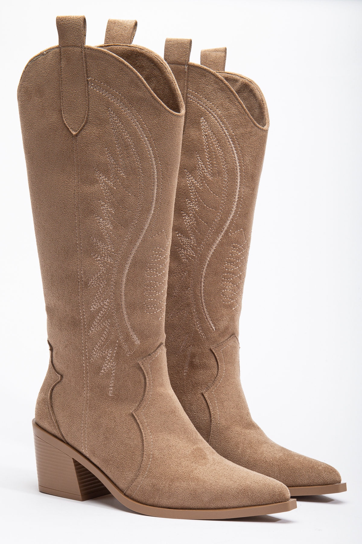 Mink Sand Stone Matte Suede Western Cowboy Embroidered Boots