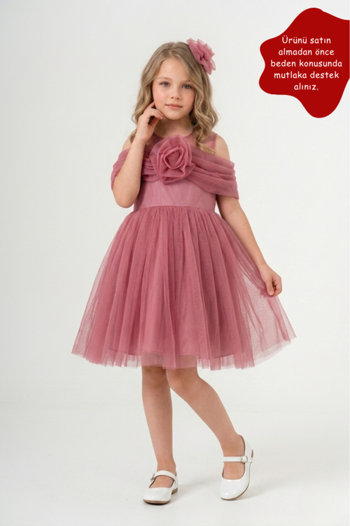 Eray Kids Kız Çocuk Düşük Kollu Gül Detaylı Fırfırlı Düğün Özel Gün Davet Abiye Elbise 6-9 Yaş