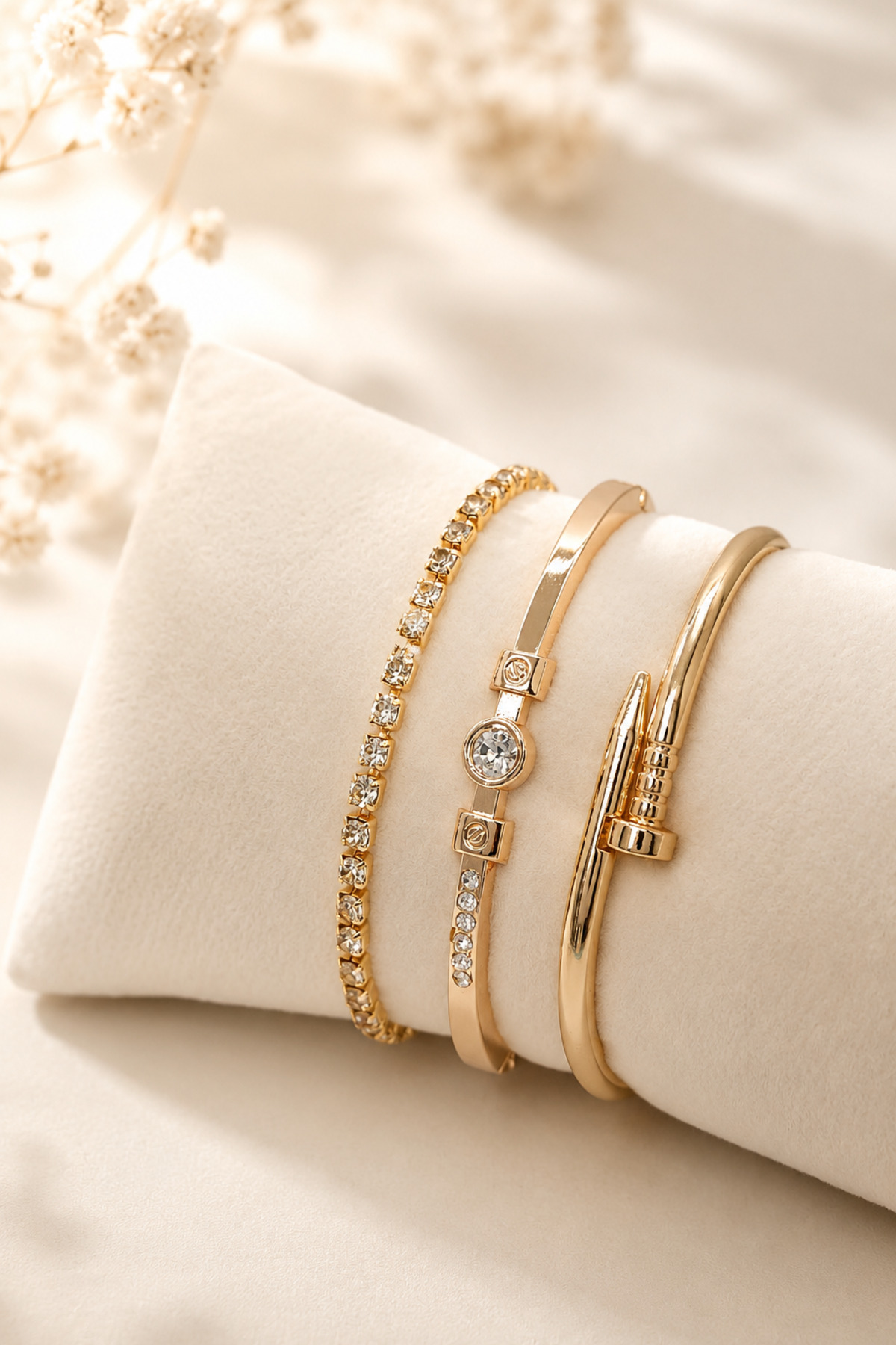 Gold Color 3-Piece Combination Bracelet with Black Stone Detail