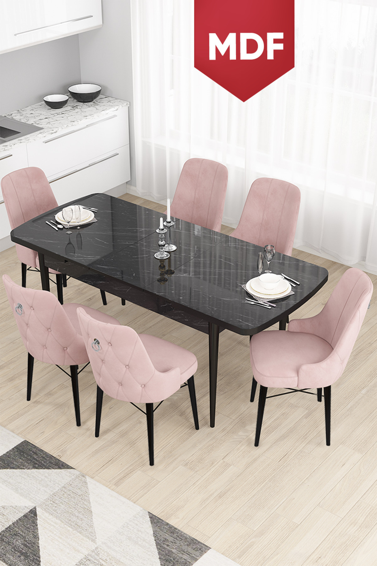 Crown Series MDF Kitchen Table Set 80x132 Black Marble Pattern Table 6 Pink Chairs
