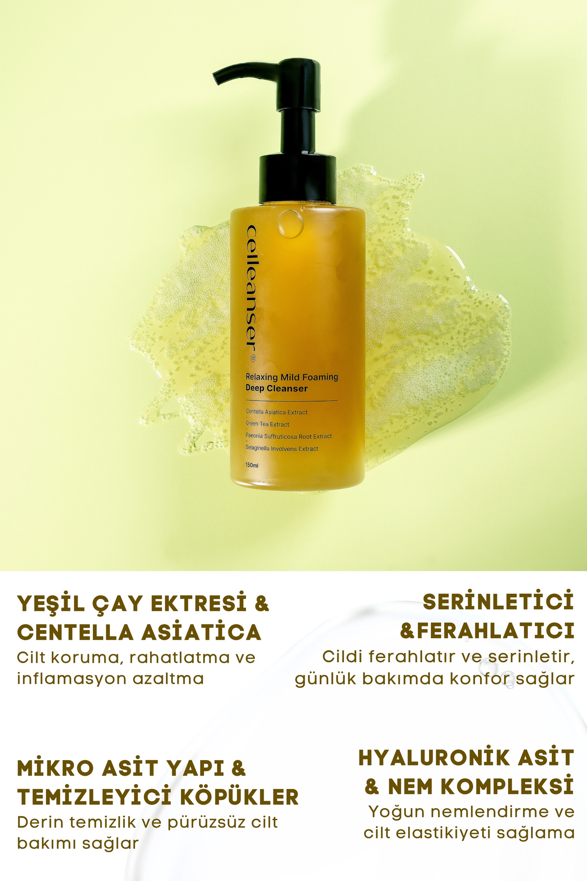 Kore Yüz Temizleme Köpüğü - Yeşil Çay Ve Centella Destekli Yatıştırıcı Mikro Köpük — CelleanserRelaxingMildFoamingCleanser — تصویر 3 از 5