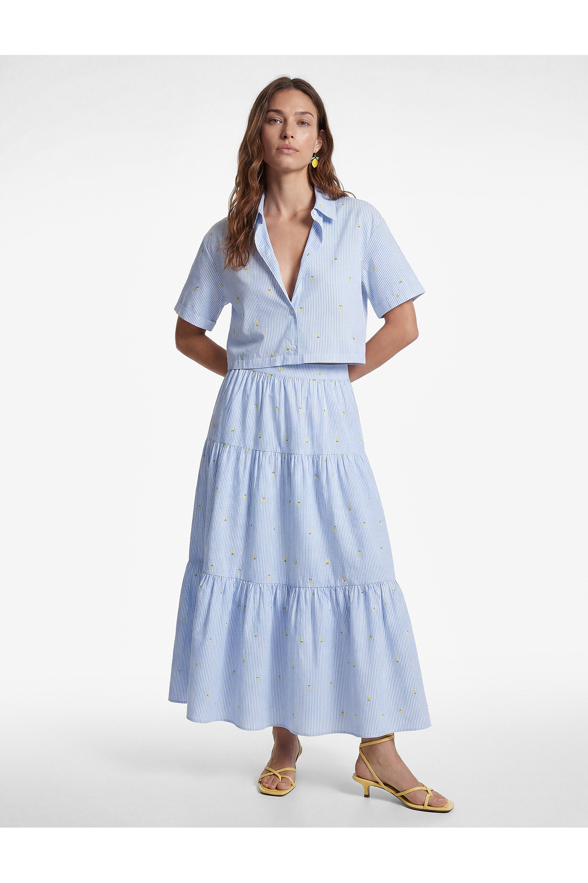 X Sibil Çetinkaya - Layered Flared Cut Lemon Processing Detailed Long Striped Poplin Skirt