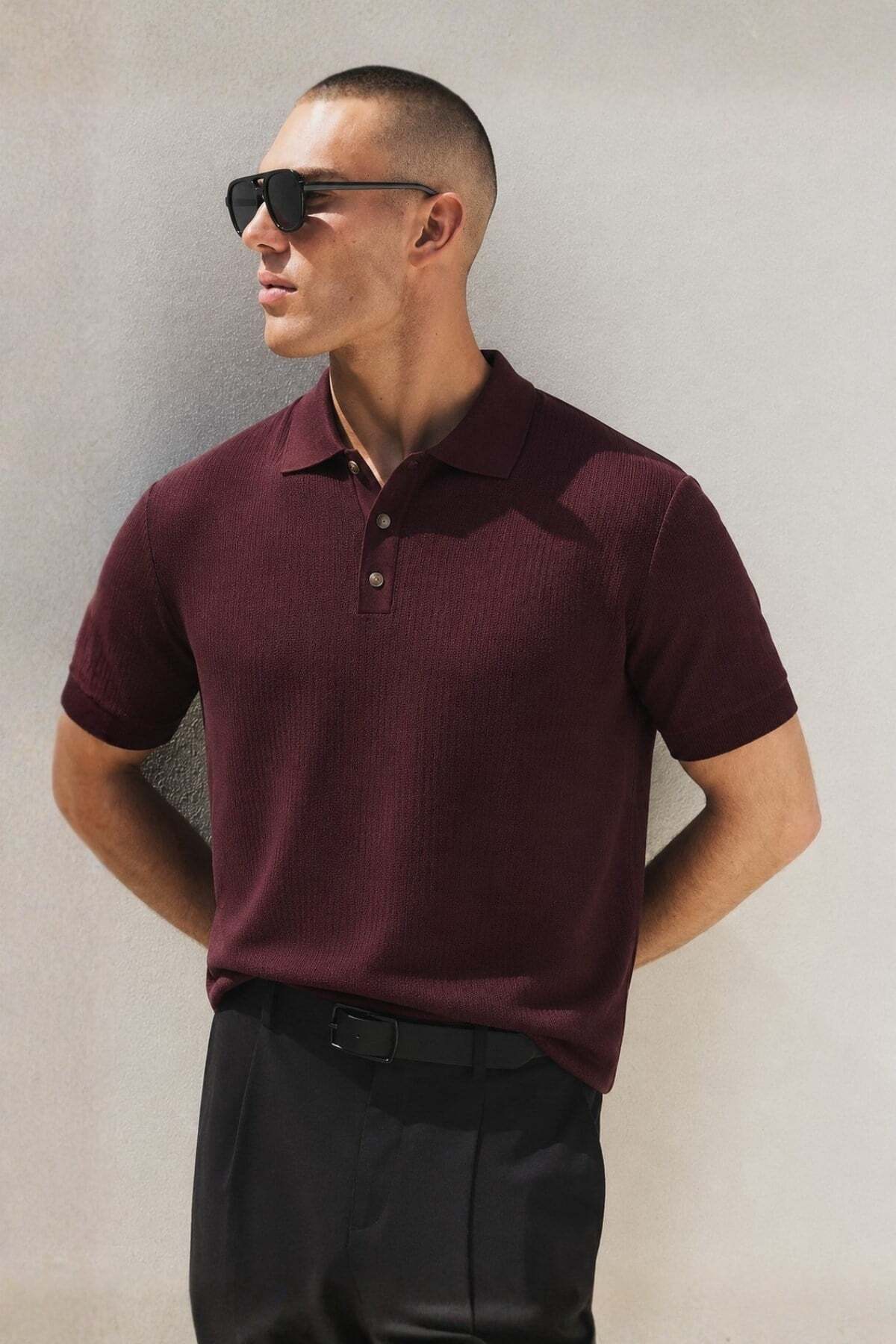 Madmext Polo Collar Knitwear Men's T-Shirt with Plum Snap Closure E7493