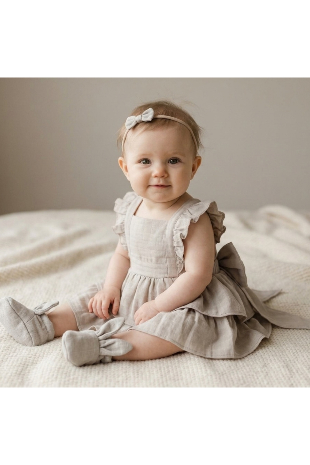 Deux Lapins %100 Pamuk Cotton Grey Müslin Fırfırlı Kız Bebek Abiye Elbise