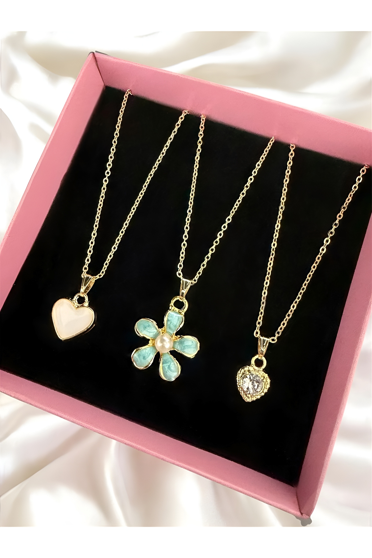 Gold Color 3pcs Blue Color Flower White Enameled Gemstone Heart Combination Set Necklace