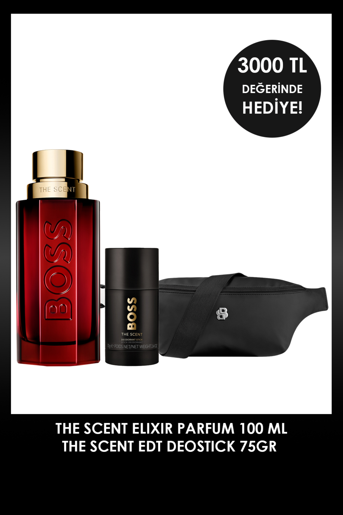 BOSS The Scent Elixir For Him 100 ml Erkek Parfüm + The Scent EDT 75 gr Deodorant Stick + Çanta Erkek Parfüm Set — VB-AR-AS-AT
