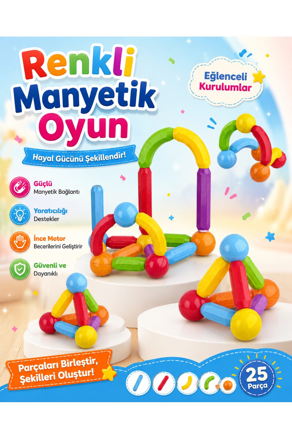 Hurbuy Magic Magnetic 25 Parça Manyetik Çubuk ve Top STEM Eğitici