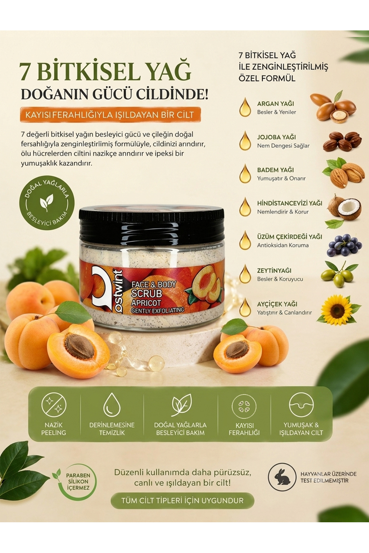 Yüz Ve Vücut Peeling Scrub Kayısı 300ml Cilt Temizleyici Pürüssüzleştirici Dolaşımı Hızlandırıcı — 8680164447792 — تصویر 6 از 7