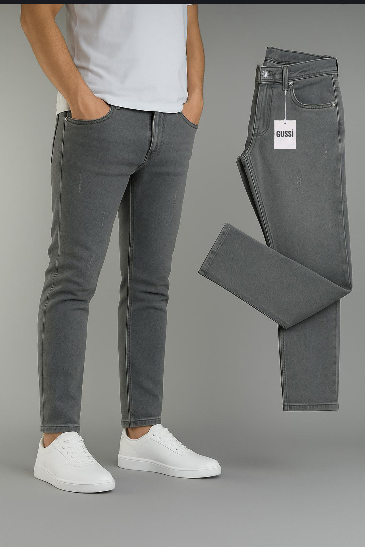 DOPPİO'N DENİM Erkek Gri Slim Fit Dar Paça Lazerli Kot Pantolon
