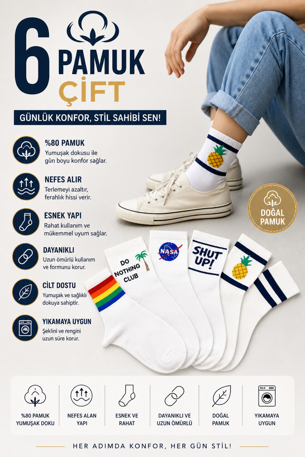 Esinti 6 Çift Pamuklu Desenli Soket Çorap, Unisex Uzun Kolej & Sneaker Uyumlu Kadın Erkek Çorap görsel 4