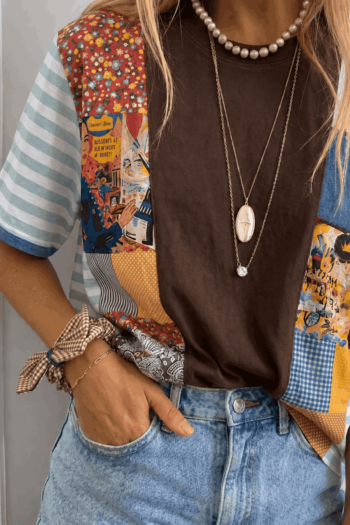 poupee Women's Blouse, Women's T-Shirt, Women's Oversize Patchwork T-Shirt Colorful Patterned Art Printed Tshirt Brown