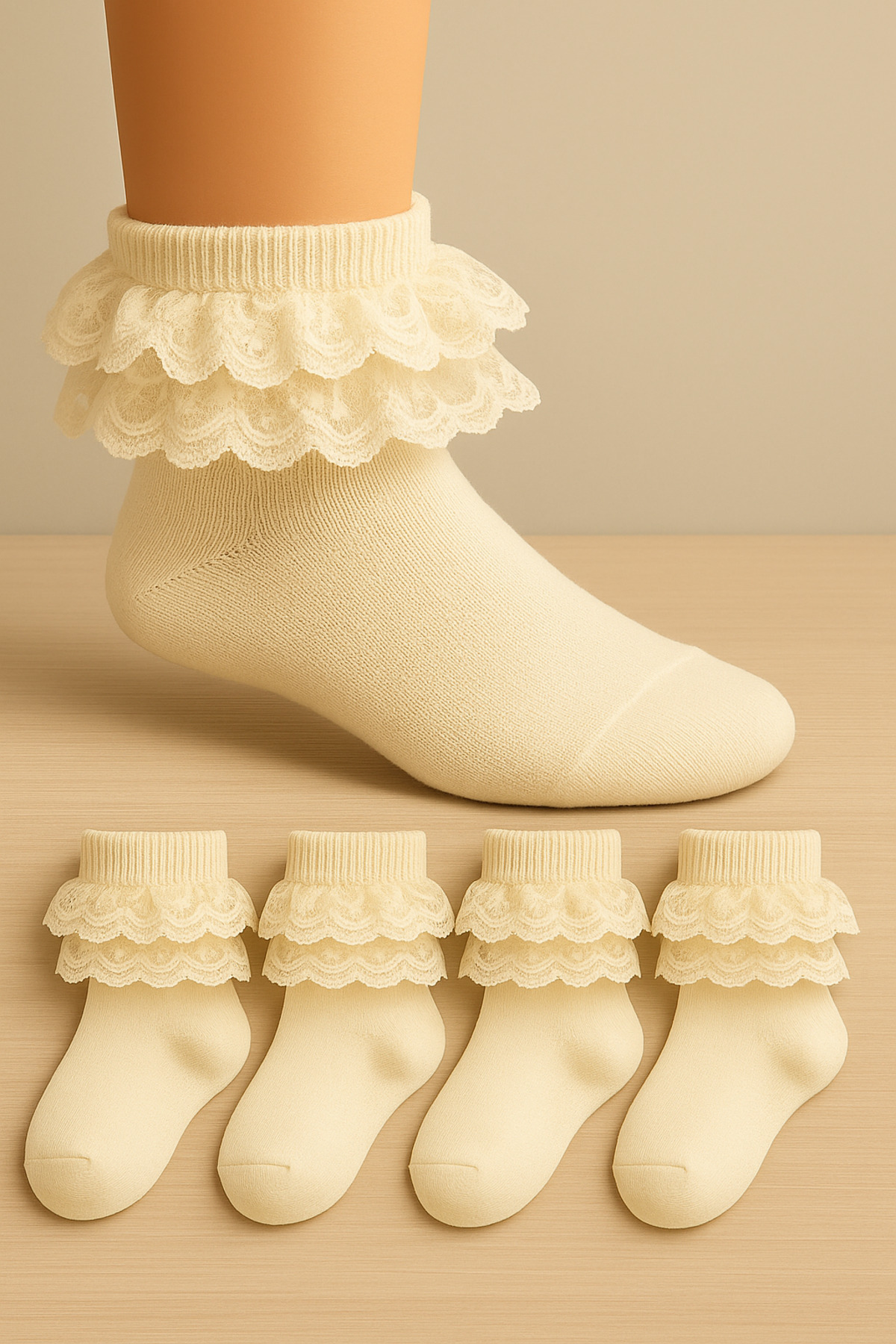 4 Pairs of Soft Lace Seamless Girls Socks