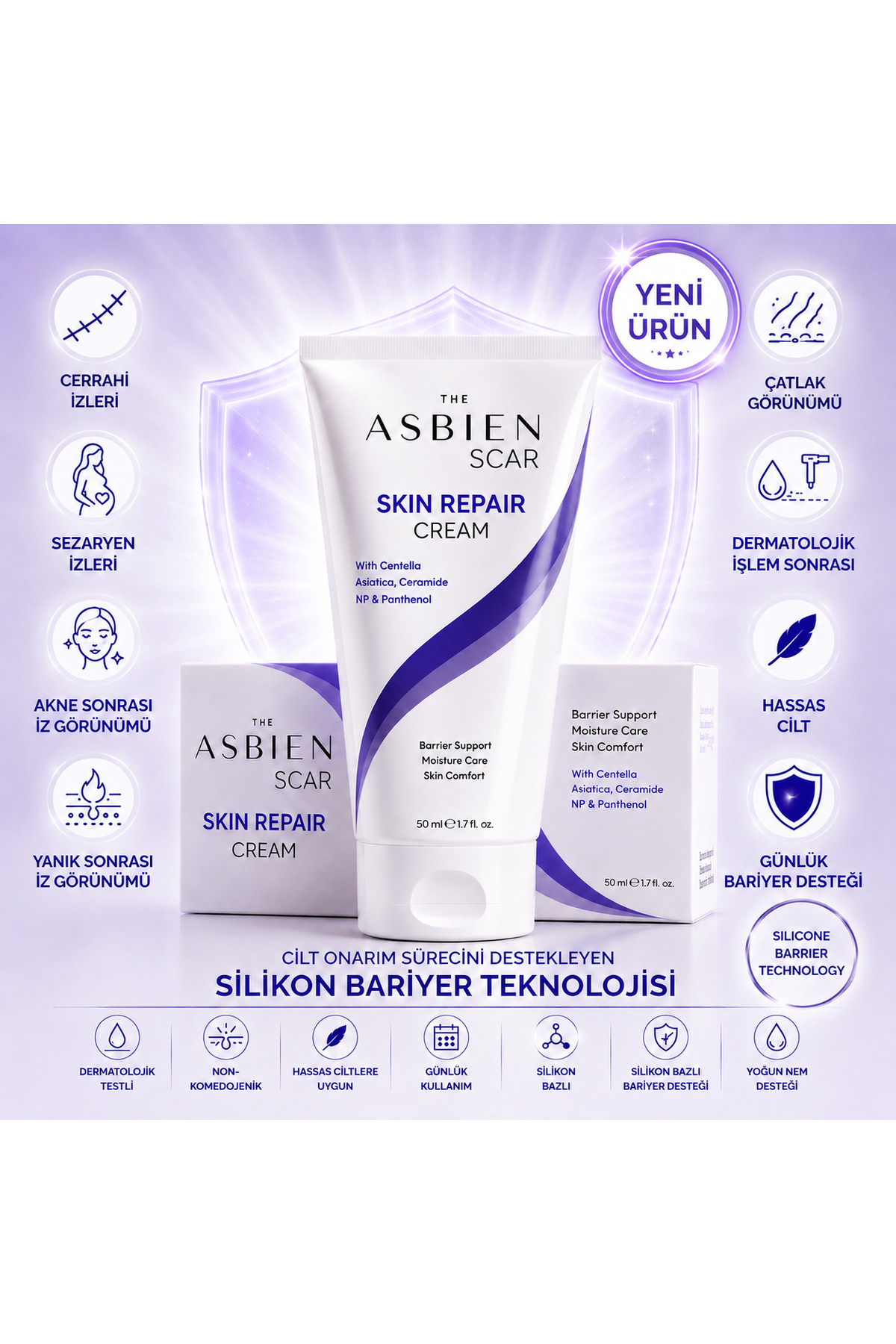 ASBİEN THE SCAR Skin Repair Cream 50 ml - Skar, Akne İzi, Çatlak ve İşlem Sonrası Bakım Kremi — 215