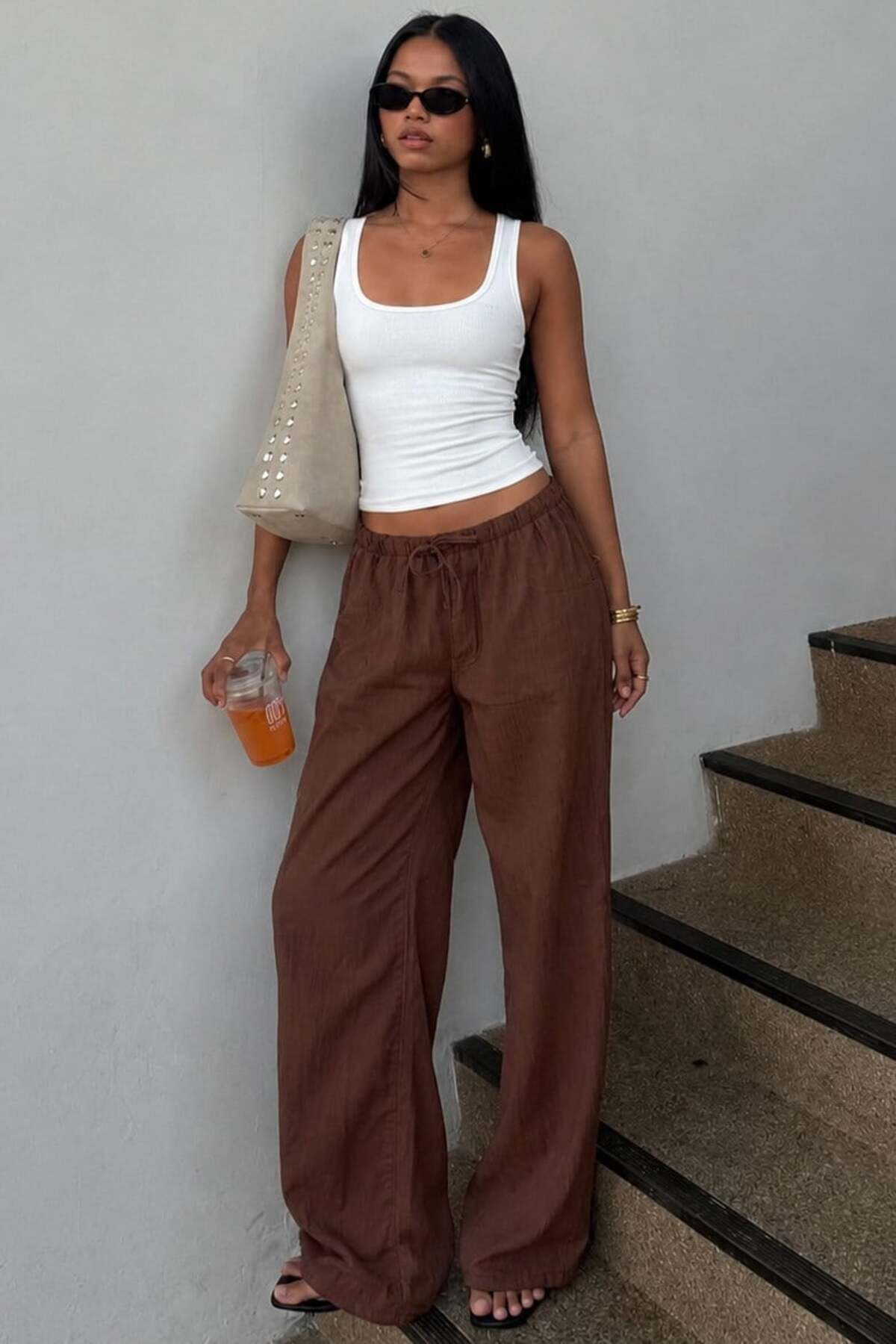 Women's Wide Leg Pants with Brown Pockets MG1882