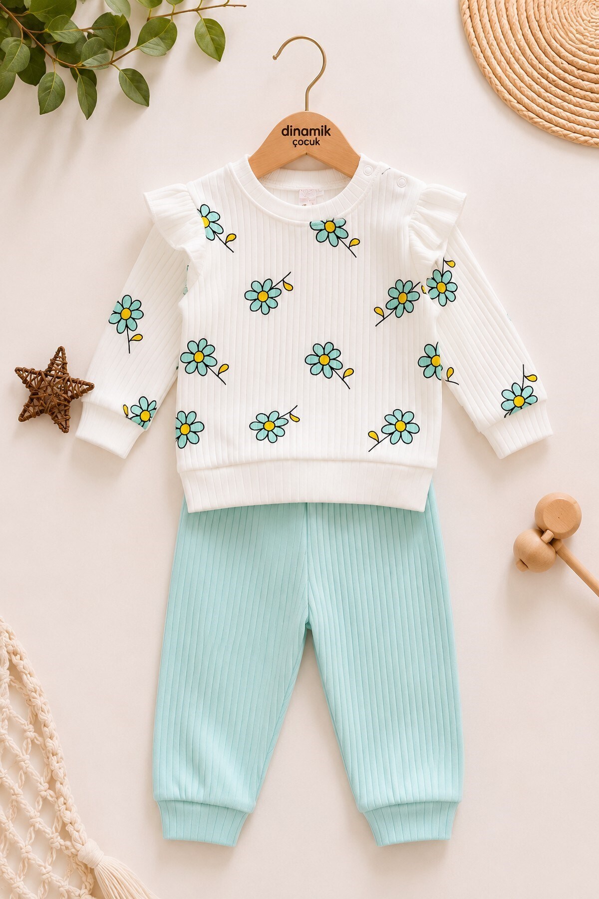 Daisy Reported Ribbed Sleeve Detailed Baby Girl Set Monthly Seasonal 2pcs Top and Bottom 3-6-9-12months