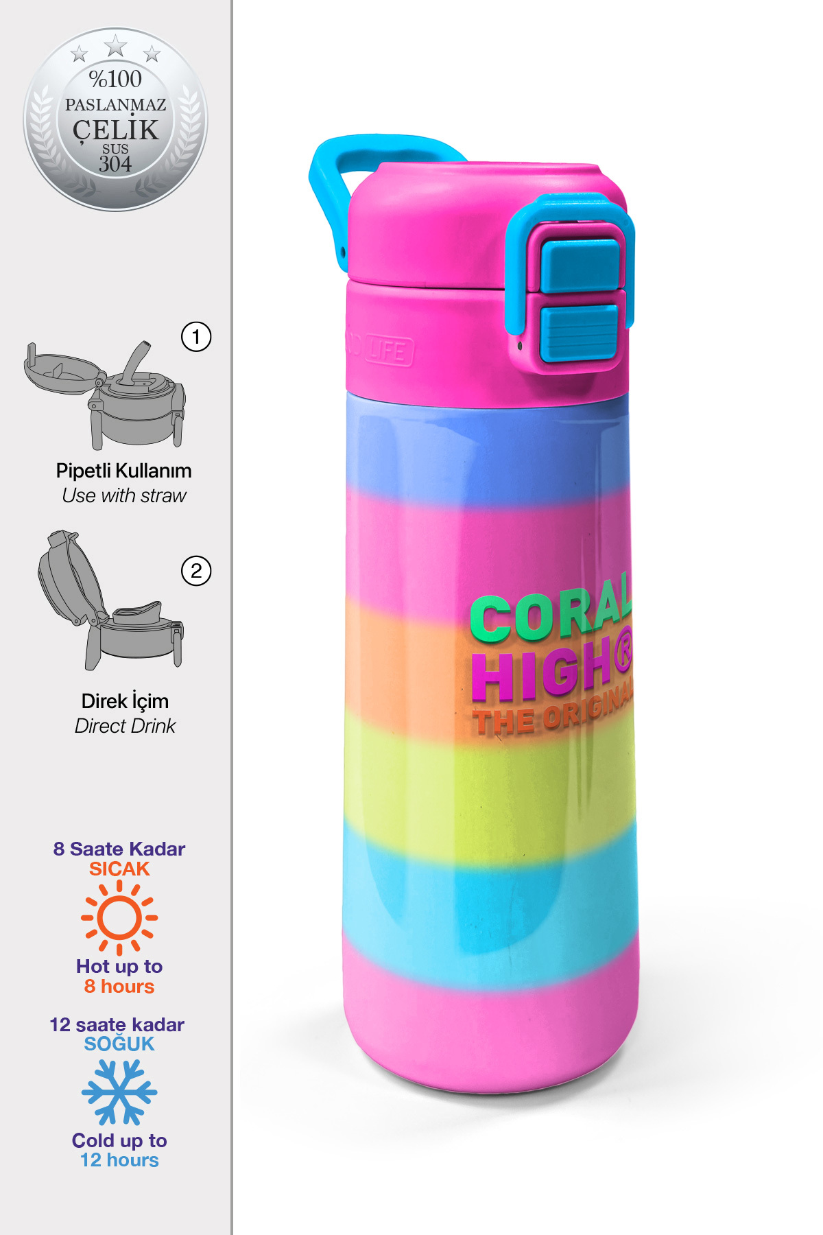 Kids Renkli Çizgili Pipetli ve Direk İçimli Paslanmaz Çelik Termos 500 ML 31986