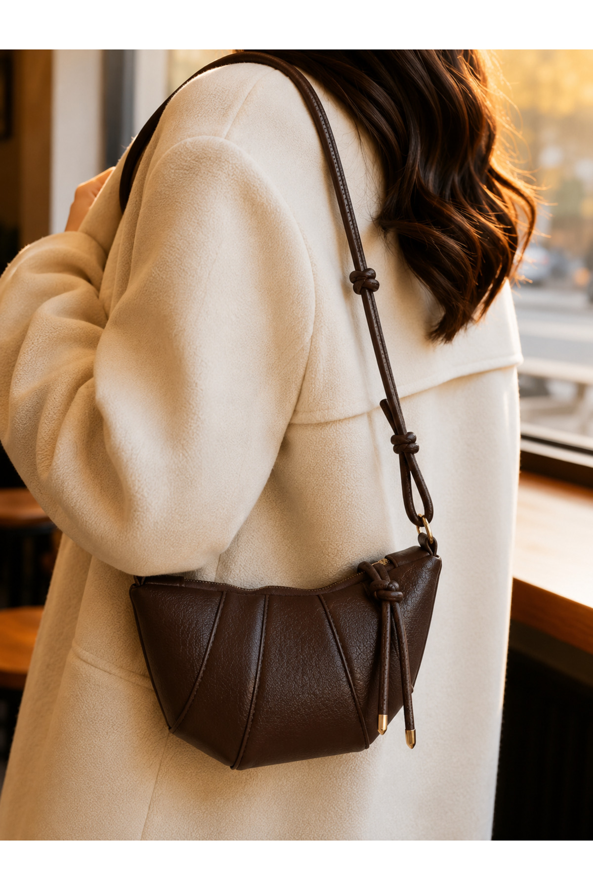 Women's Coffee Color Knot Detailed Croissant Model Stylish Shoulder and Armpit Bag