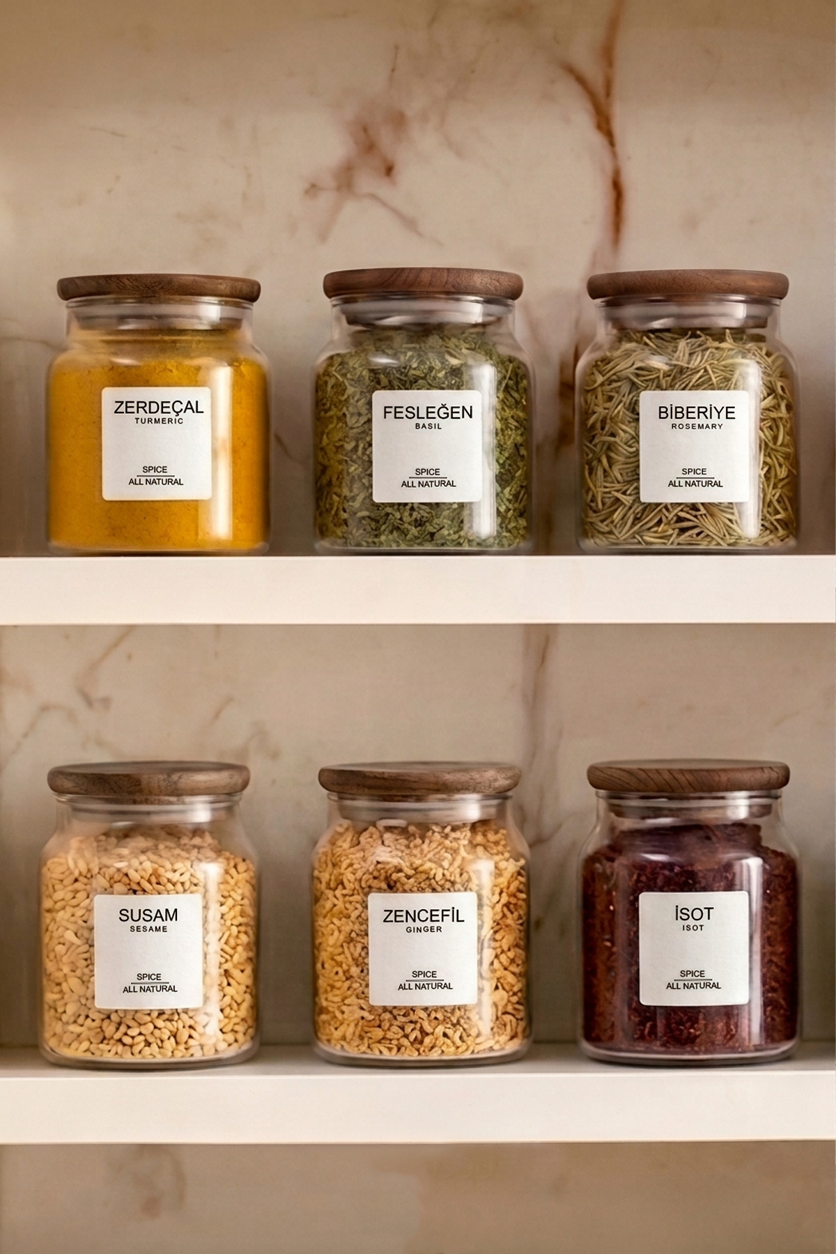 6-Piece Acacia Lid Labeled Glass Spice Holder Set Jar 290 ml