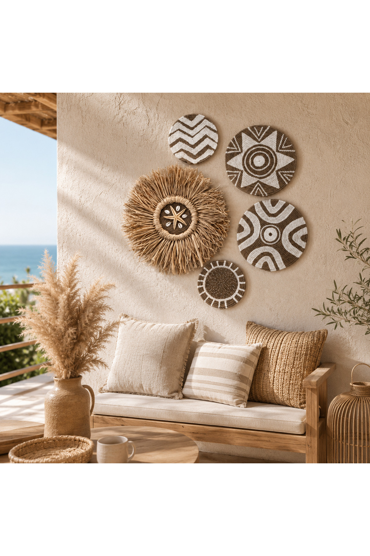 White 5-Piece Handmade Wicker Wall Plate Set