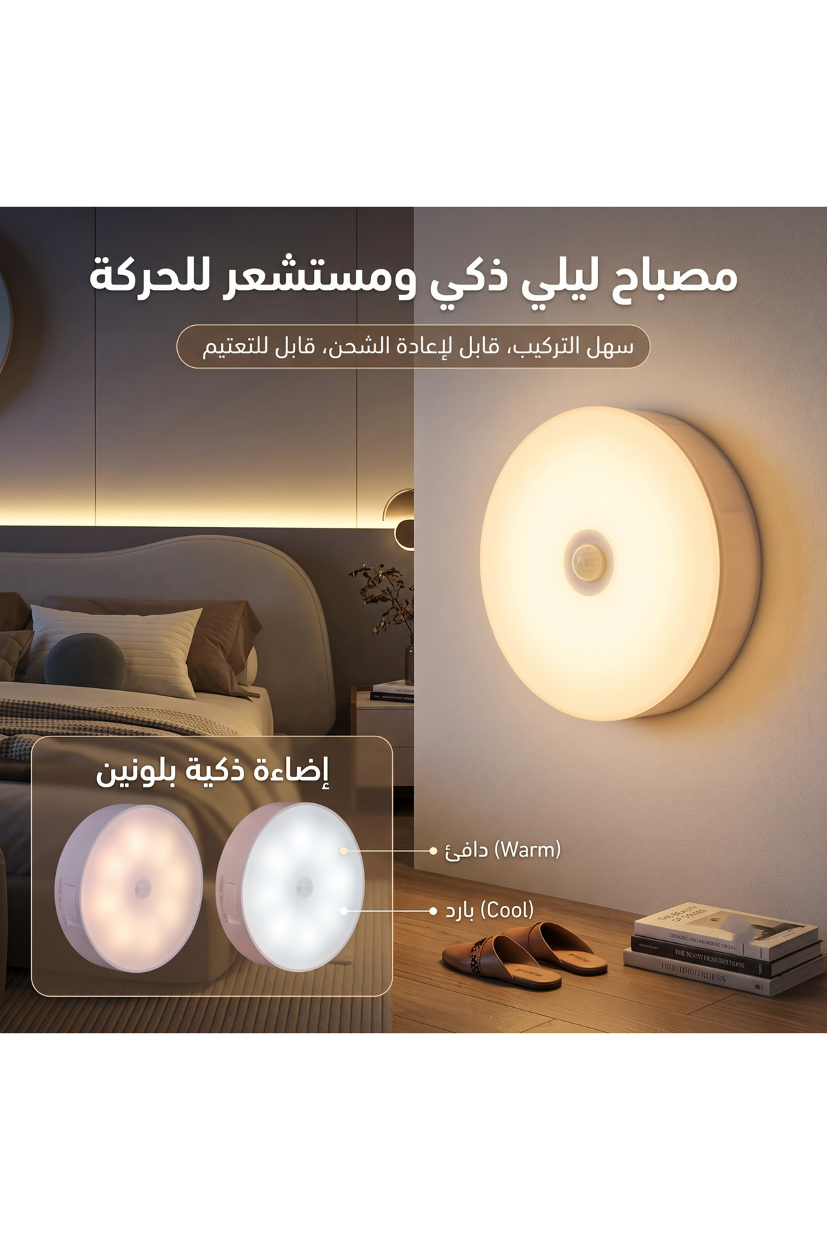 مصباح ليلي ذكي LED أبيض دافئ قطعة واحدة مزود بمستش...