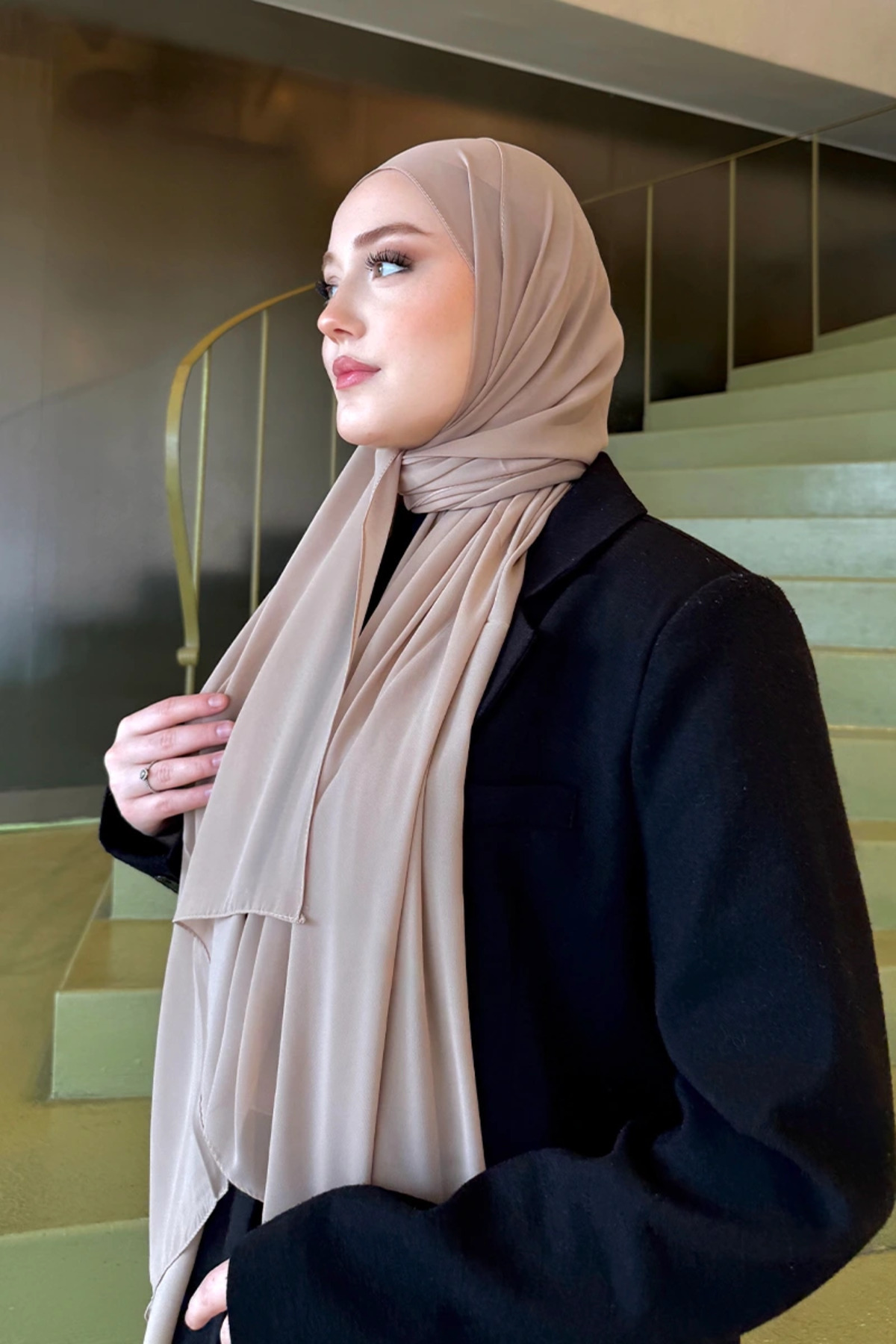 Madame Polo Krep Şifon Şal - Bej görsel 3