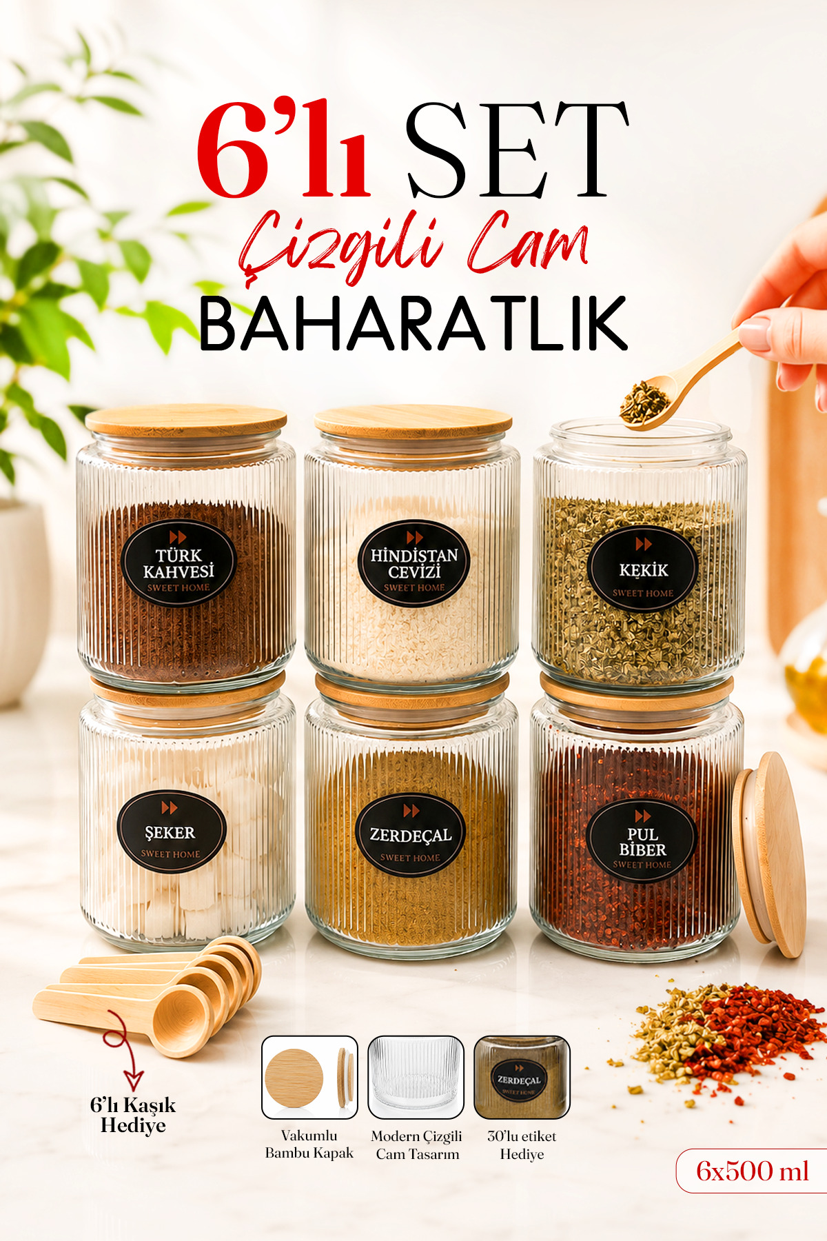 300 ml Glass Jar Food Container with 6 Vacuum Lids and Spice Rack Label Gift