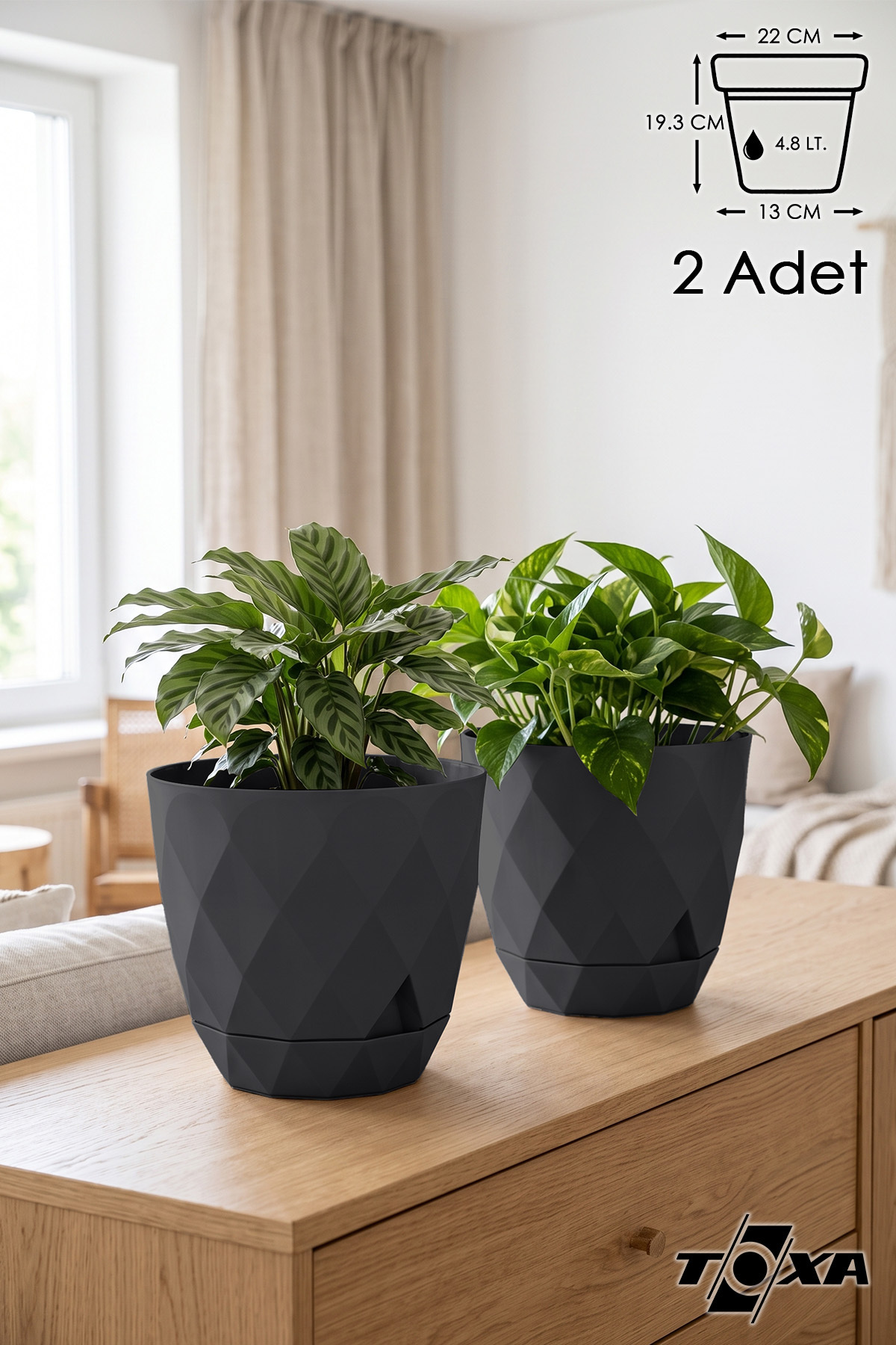 BLACK　植木鉢セット ToXA 2li Prizma Saksı Seti 4,8 Litre Drenajlı Tabaklı 22cm Plastik