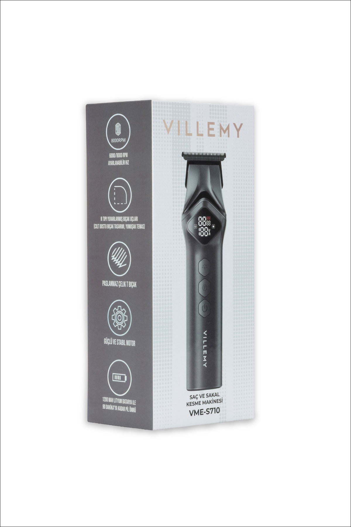VME-S710 Profesyonel Saç Kesme, Sakal ve Ense Tıraş Makinesi Sıfıra En Yakın Kesim 0.1 mm T-Cut LED — خاکستری — تصویر 8 از 8
