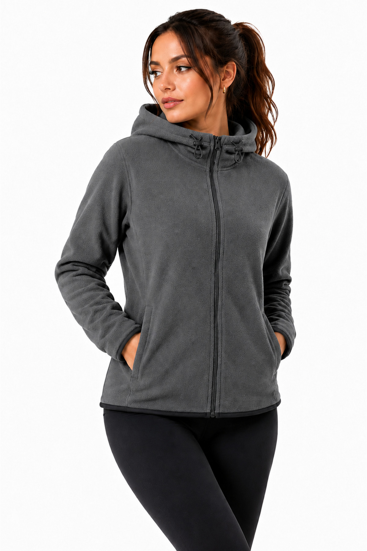 GHASSY CO Kadın Füme Kapüşonlu Fermuarlı Polar Sweatshirt görsel 2