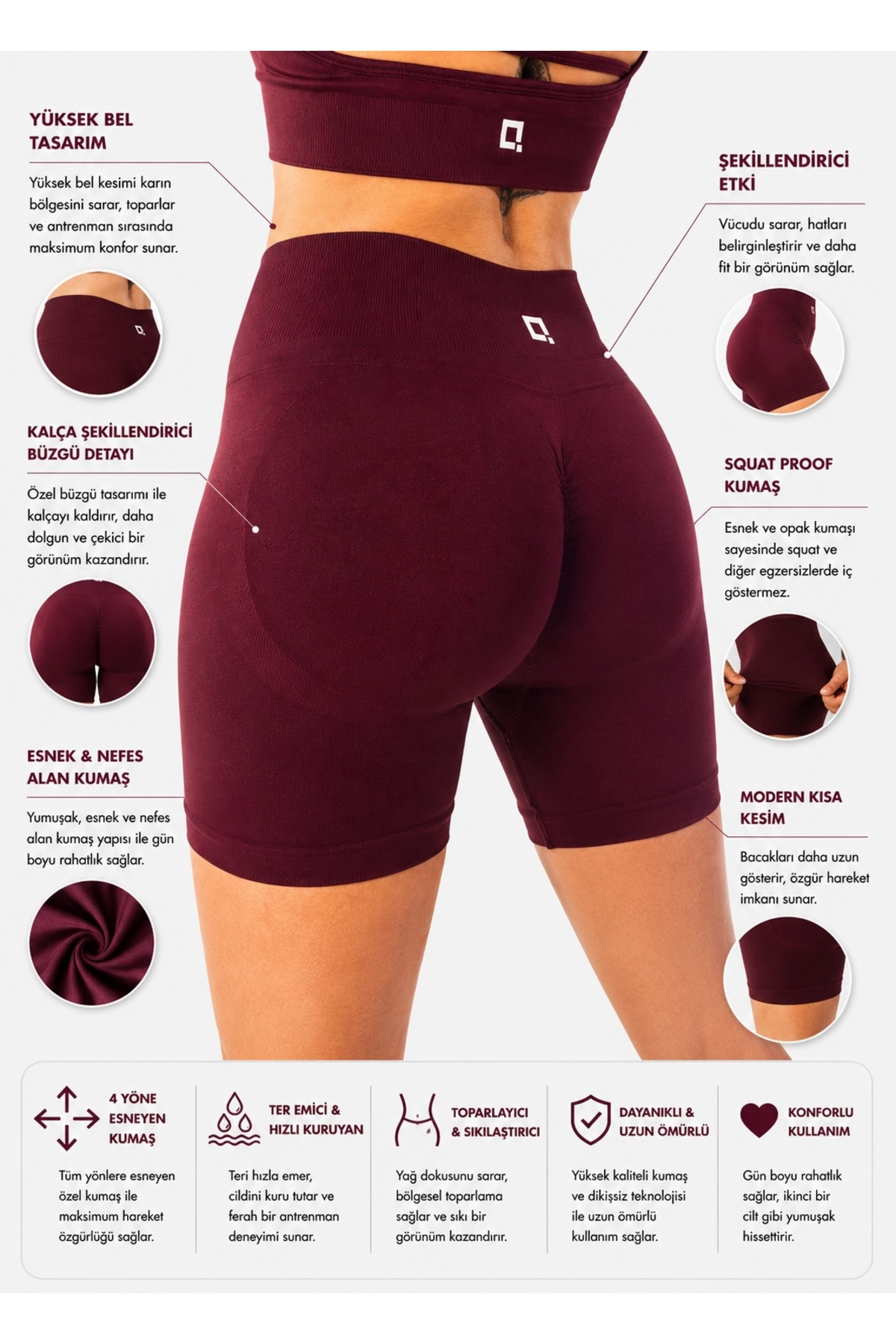 HARSFIT KADIN YÜKSEK BEL SCRUNCH TOPARLAYICI BORDO KISA ŞORT TAYT 13 CM PUSH UP FİTNESS SPOR TAYT