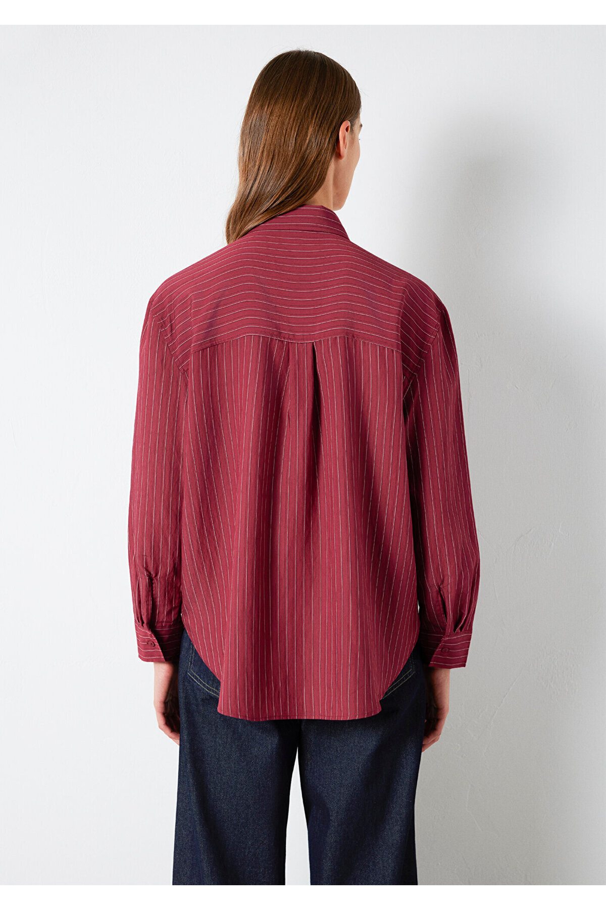 Çizgili Bordo Gömlek Loose Fit / Bol Rahat Kesim 1210683-91379 — قرمز — تصویر 5 از 7