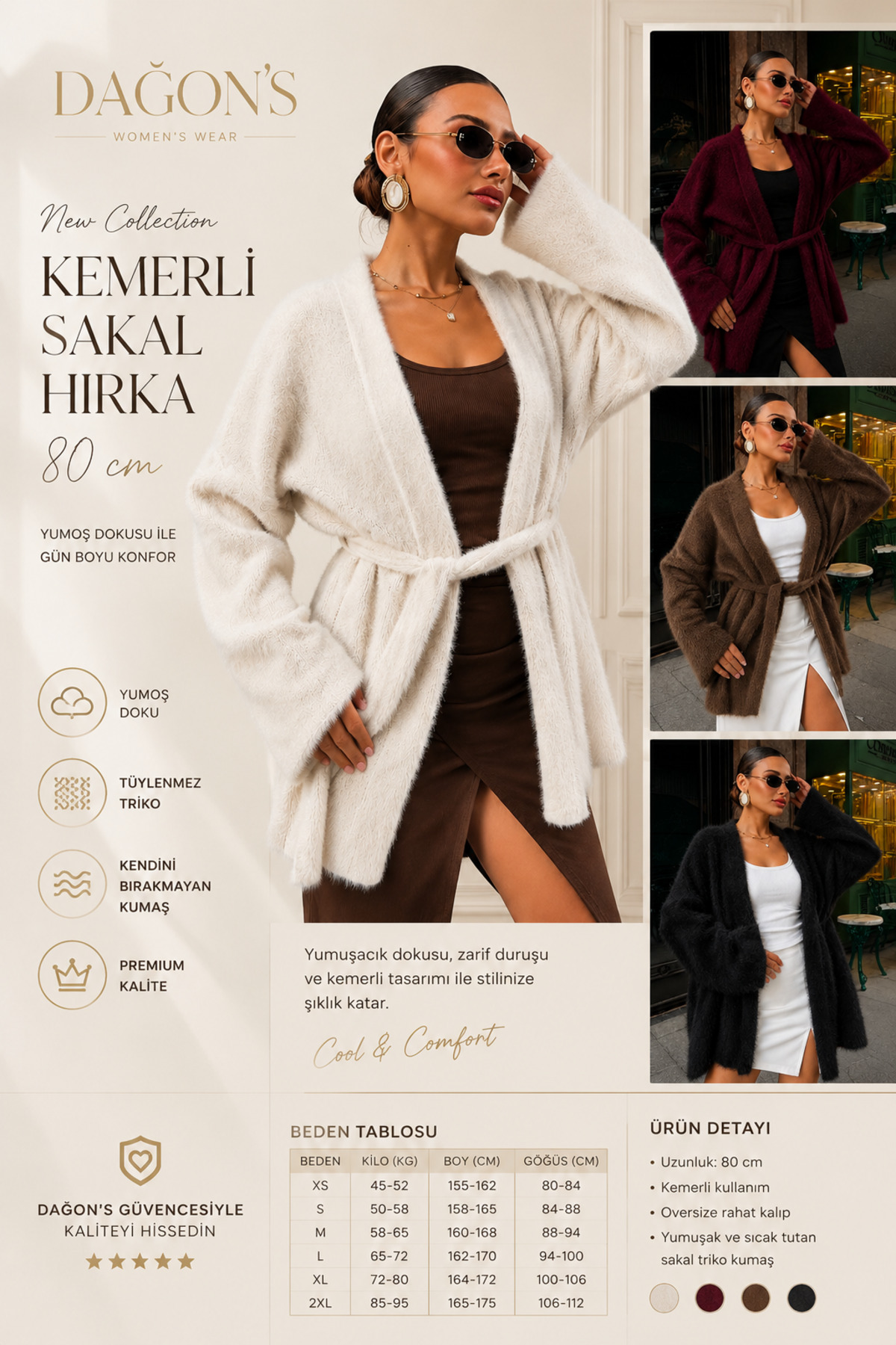 DAĞON'S Kemerli Kadın Sakal Triko Hırka 75 Cm görsel 2