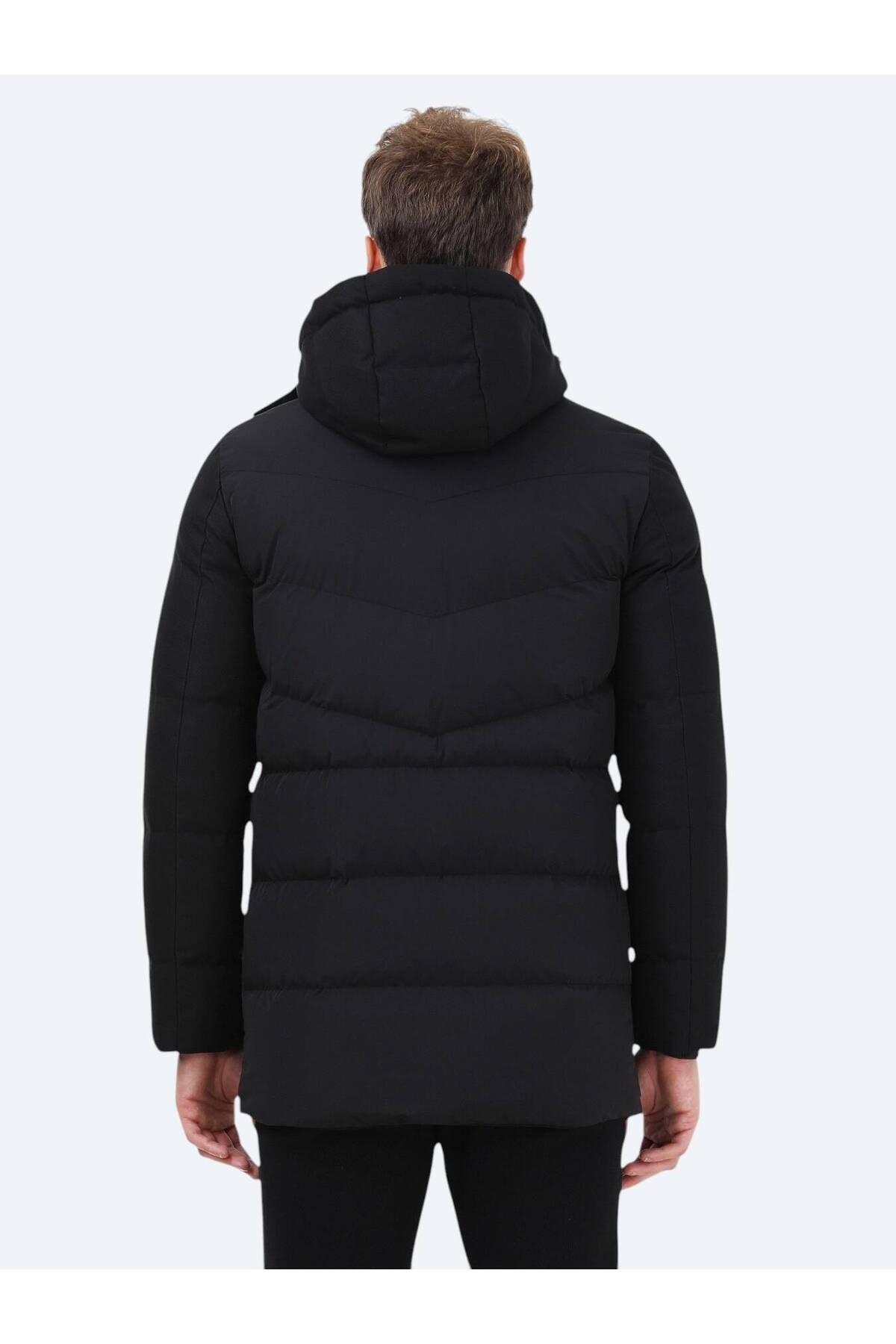 Kip Siyah Regular Fit Kapüşonlu Casual Dokuma Kaban görsel 7