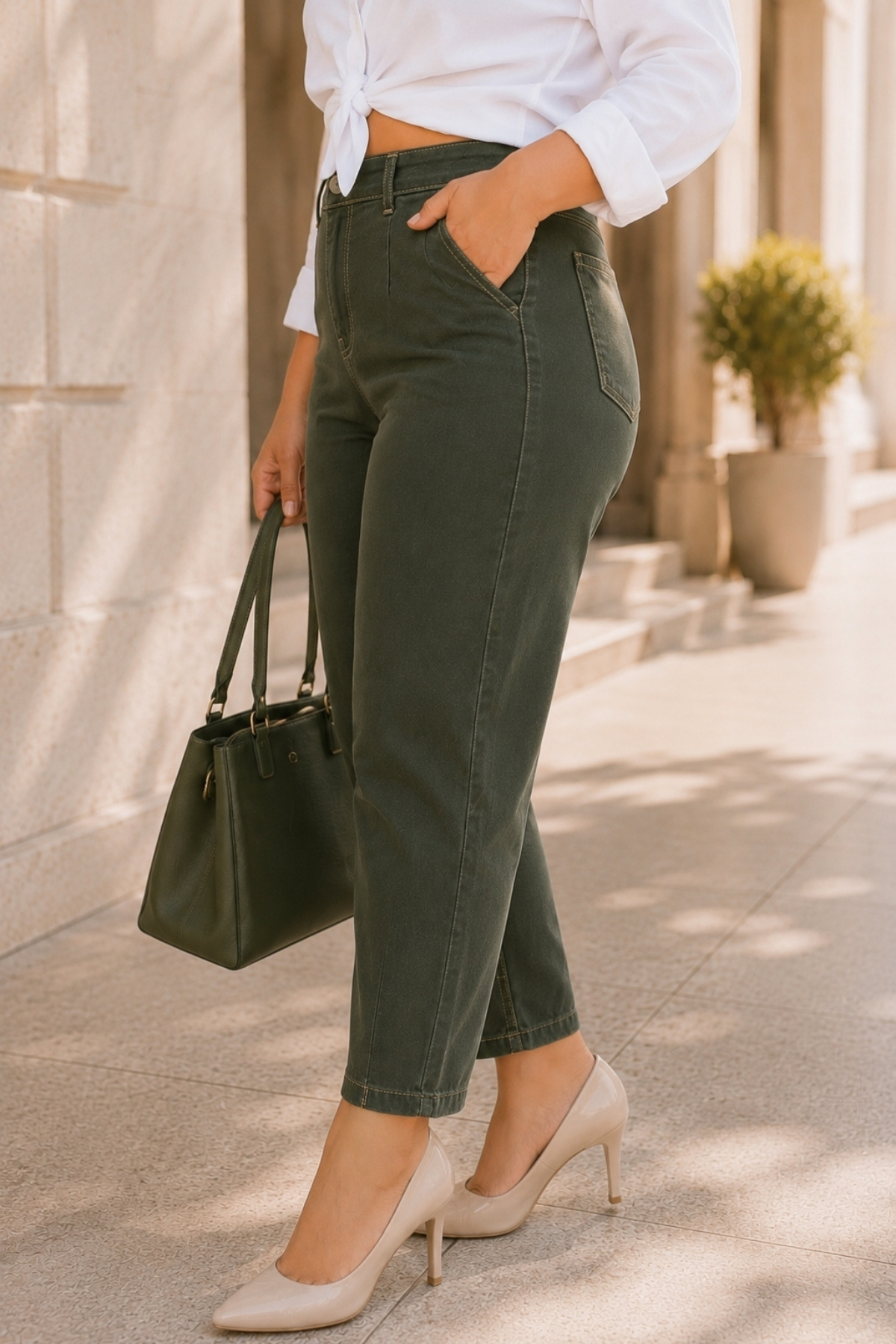 CEDY DENIM Mom Fit Jean Büyük Beden Yüksek Bel Carrot Kesim Dar Paça Pileli Esnek Kot Pantolon C600-haki görsel 5