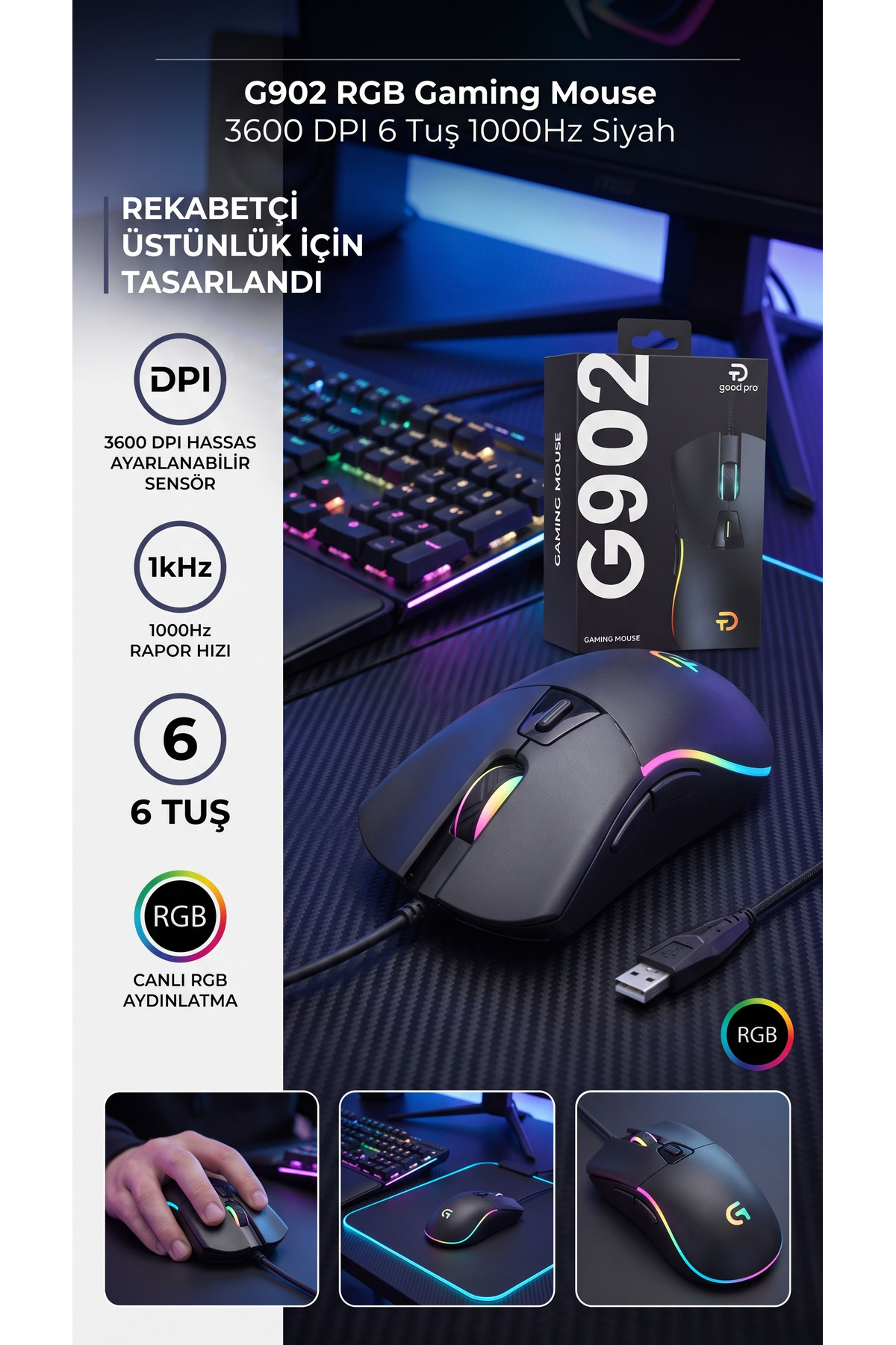 G902 RGB Işıklı 3600 Dpi 6 Tuşlu Hassas Optik Sensörlü Kablolu Oyuncu Mouse