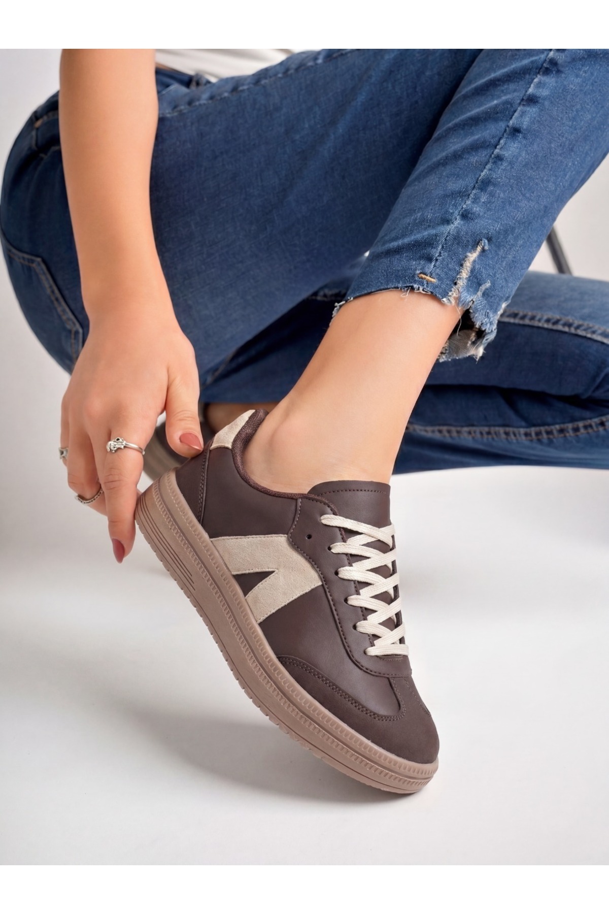 E SPORT Kadın Sneaker Yüksek Taban Ortopedik Bağcıklı Spor Ayakkabı Retro Kahve-011 görsel 2